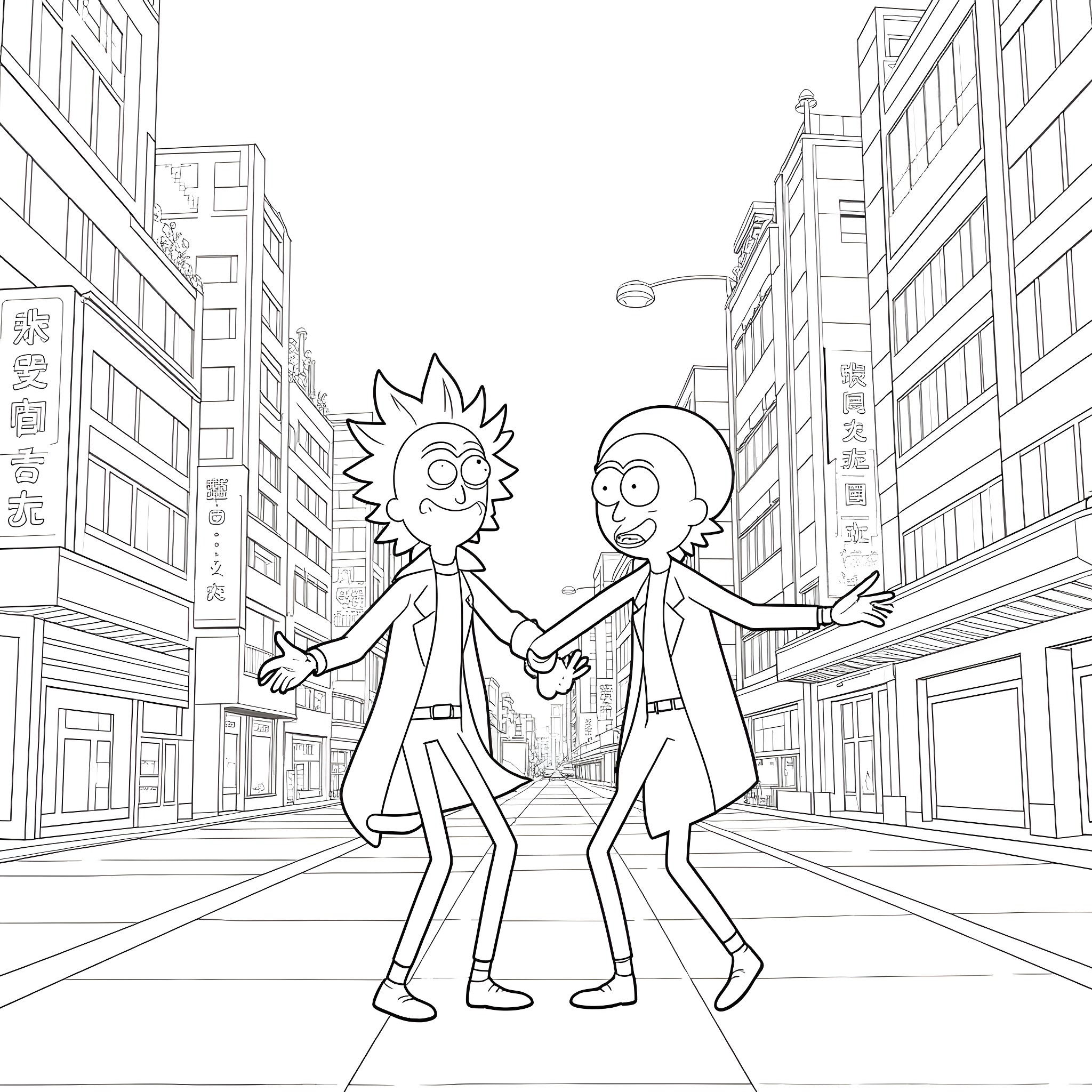 Rick And Morty exploring the city streets Coloring Page (free black-and-white line drawing printable PDF for all, from beginners to advanced learners, including children, teens, adults, and seniors)