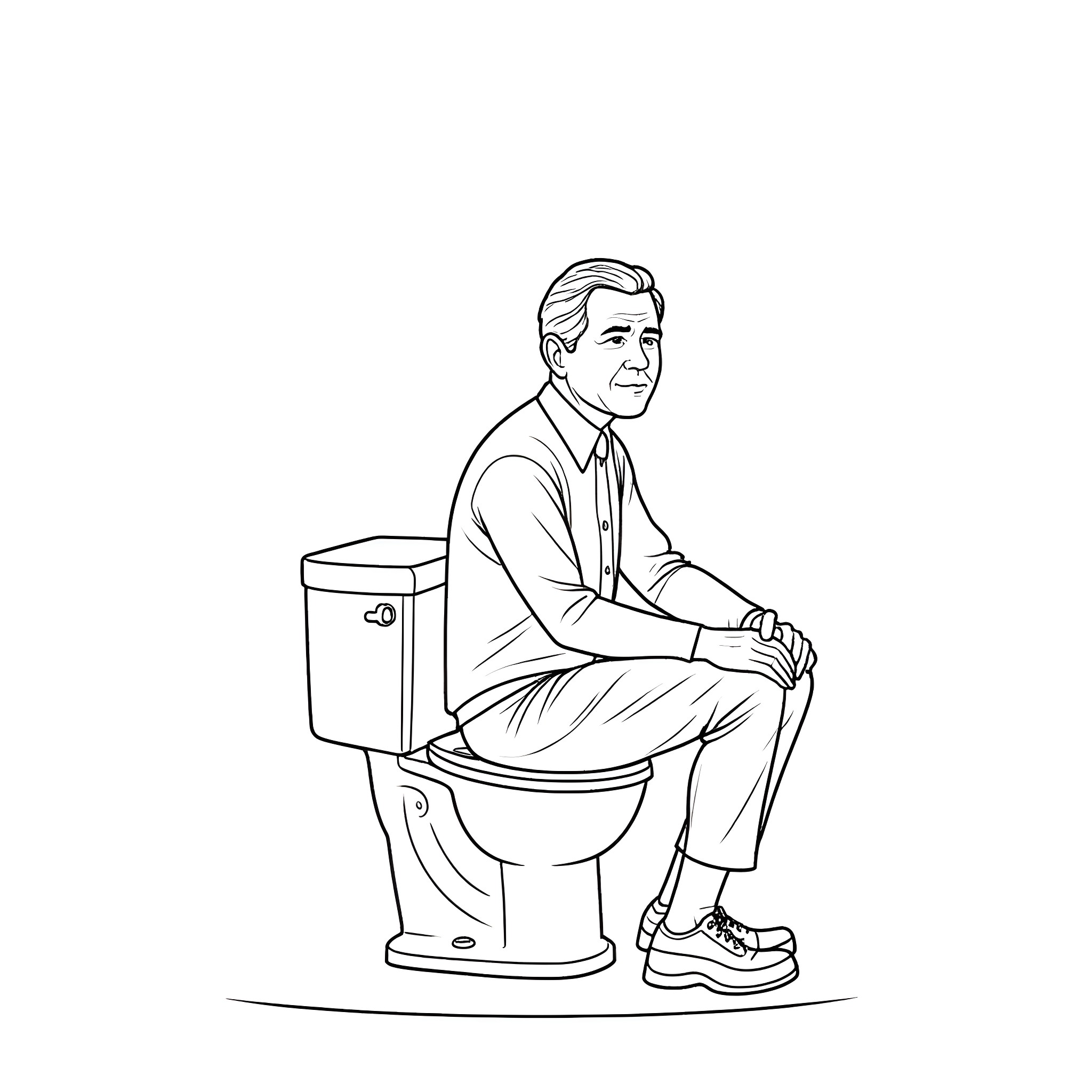 George W. Bush sitting on a toilet Coloring Page (free black-and-white line drawing printable PDF for all, from beginners to advanced learners, including children, teens, adults, and seniors)