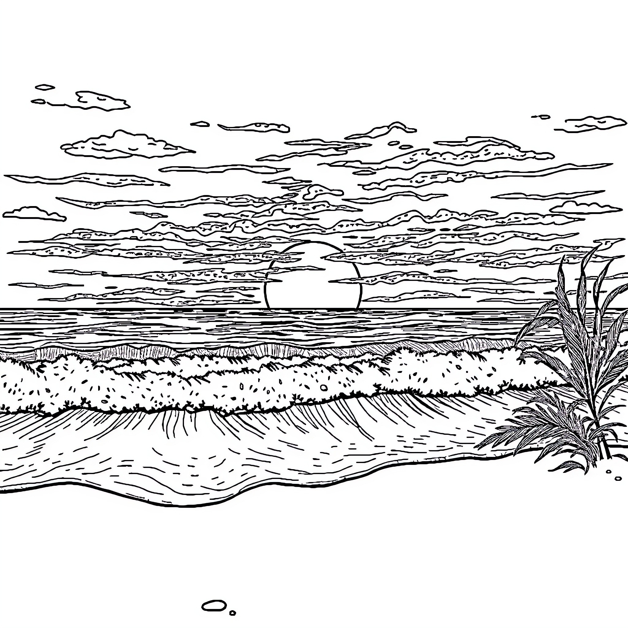 Beach scene with dramatic sky and sun Coloring Page (free black-and-white line drawing printable PDF for all, from beginners to advanced learners, including children, teens, adults, and seniors)