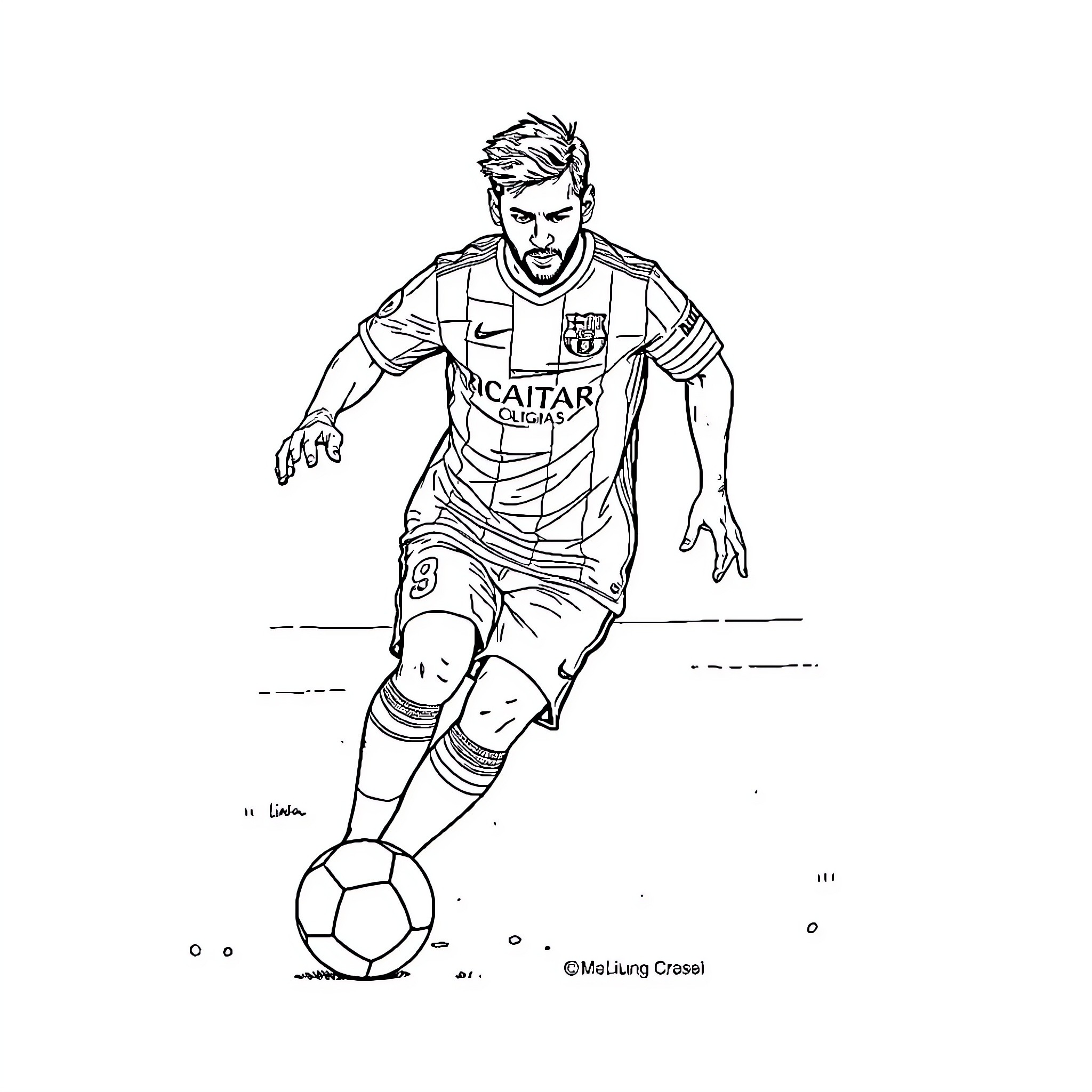 Messi dribbling the ball during a match Coloring Page (free black-and-white line drawing printable PDF for all, from beginners to advanced learners, including children, teens, adults, and seniors)