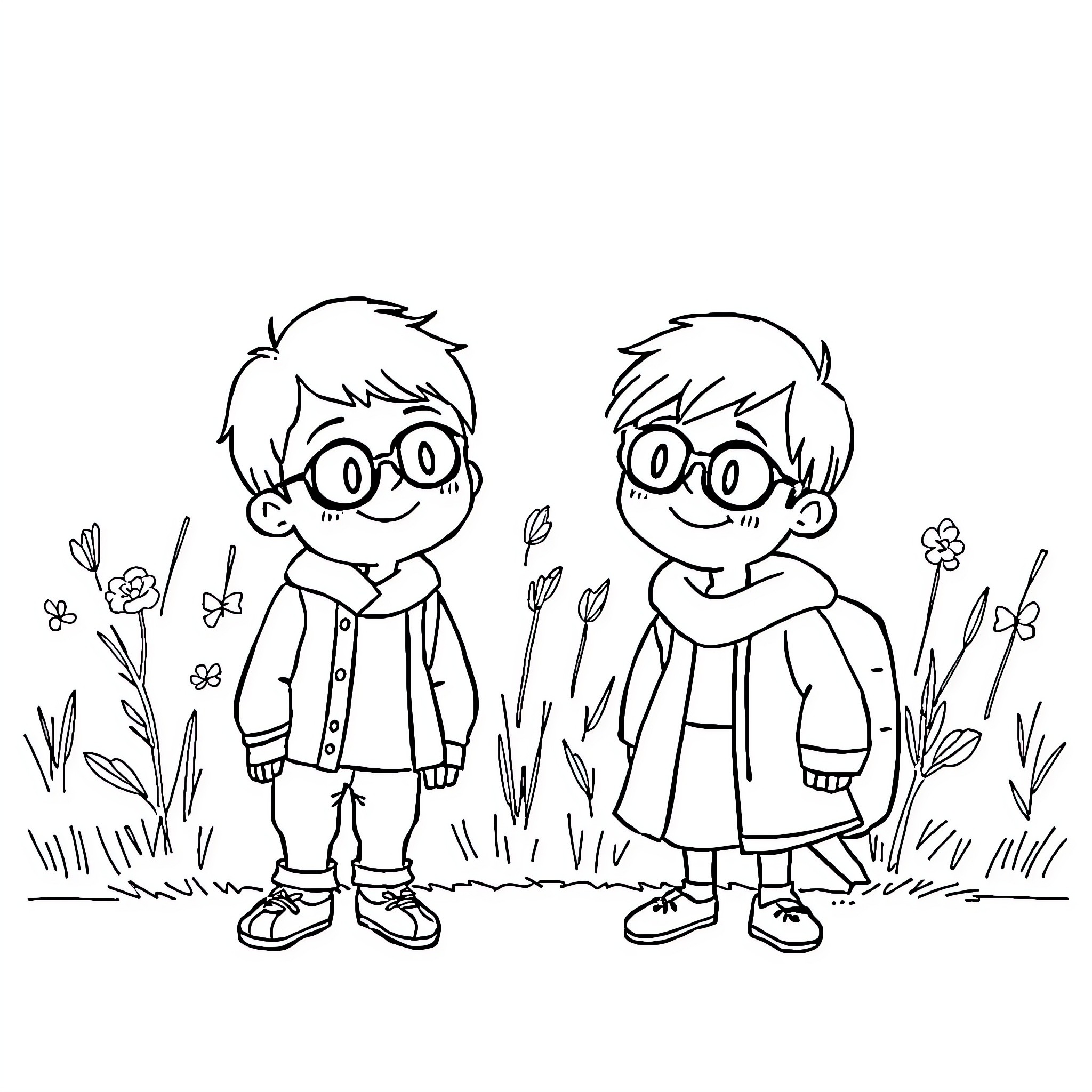 Bilingual Students Enjoying a Playful Outdoor Moment Coloring Page (free black-and-white line drawing printable PDF for all, from beginners to advanced learners, including children, teens, adults, and seniors)