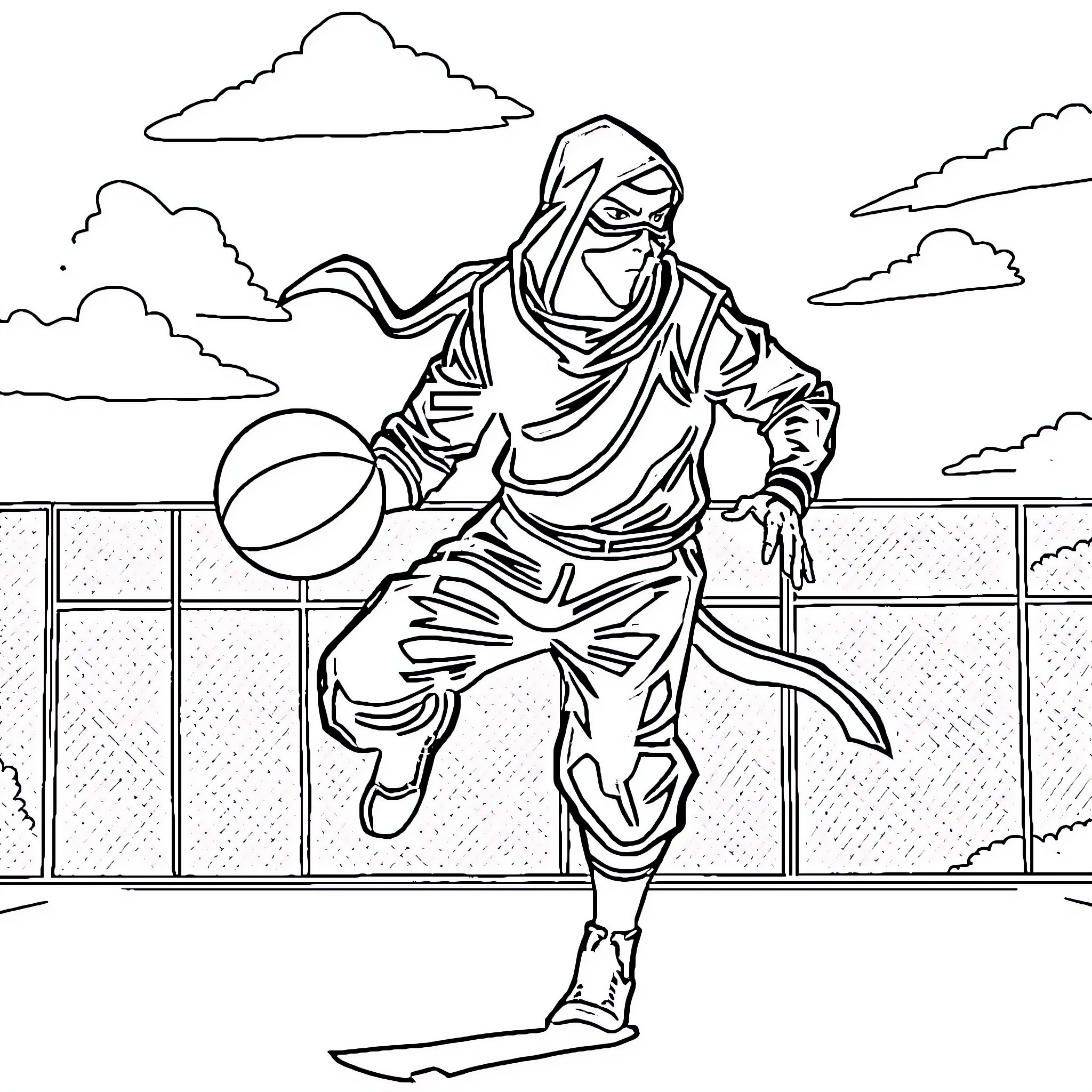 Ninja practicing basketball in the park Coloring Page (free black-and-white line drawing printable PDF for all, from beginners to advanced learners, including children, teens, adults, and seniors)