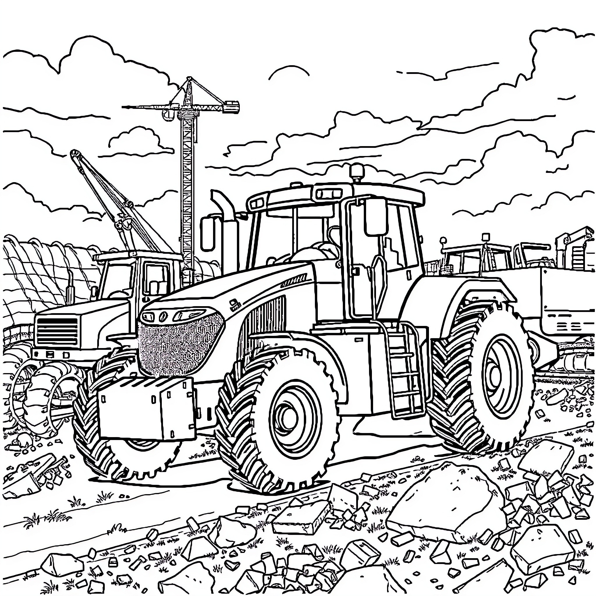Tractor working in construction site Coloring Page (free black-and-white line drawing printable PDF for all, from beginners to advanced learners, including children, teens, adults, and seniors)