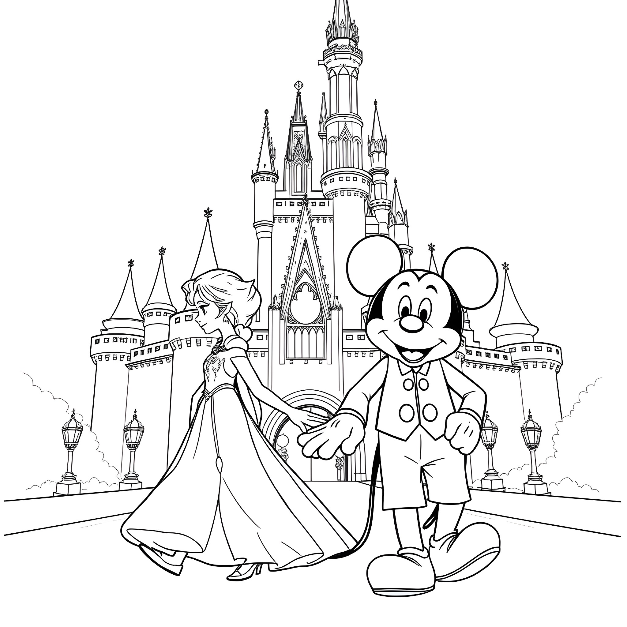 Princess Elsa and Mickey Mouse at the Magical Castle Coloring Page (free black-and-white line drawing printable PDF for all, from beginners to advanced learners, including children, teens, adults, and seniors)