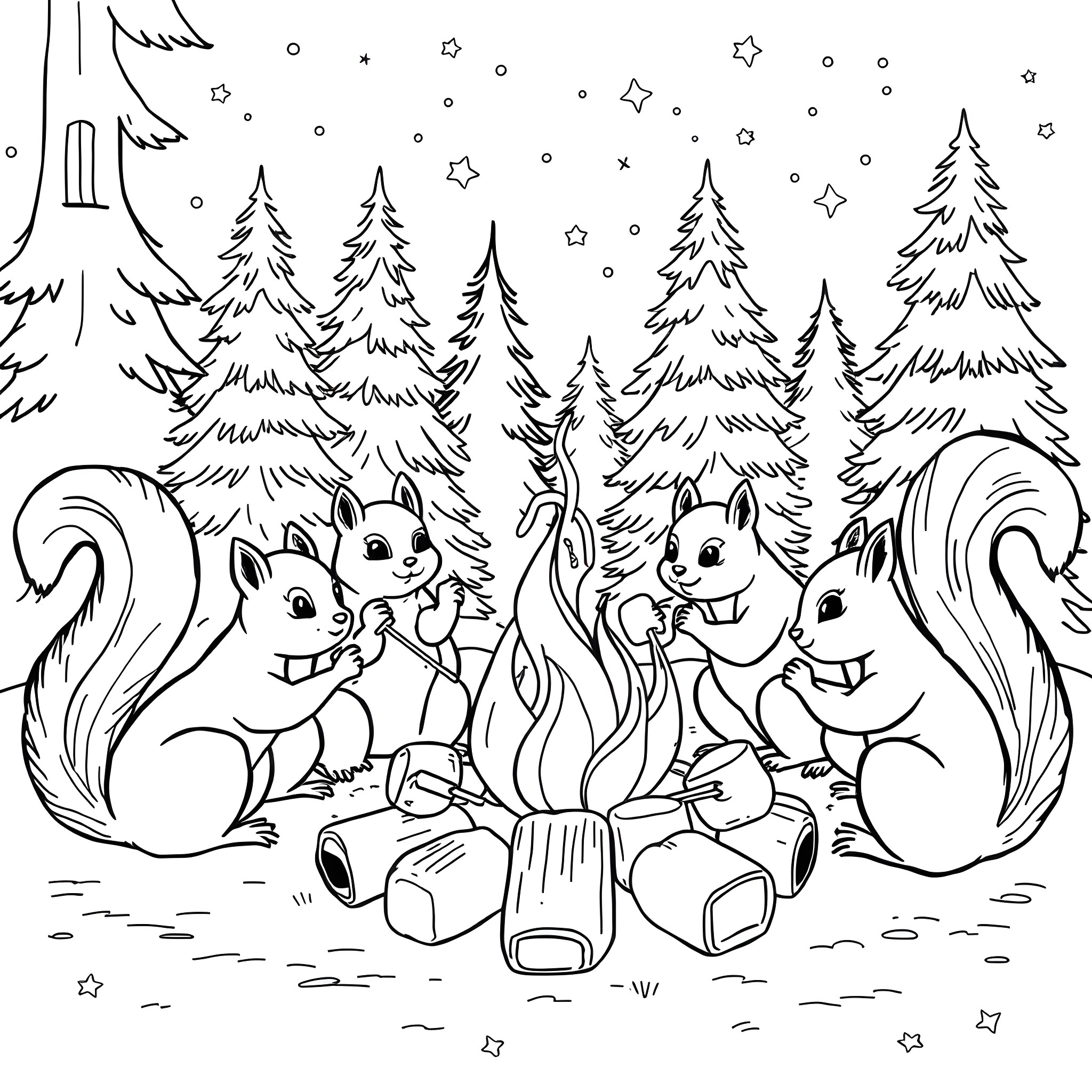 Squirrels playing around a campfire in a snowy forest Coloring Page (free black-and-white line drawing printable PDF for all, from beginners to advanced learners, including children, teens, adults, and seniors)