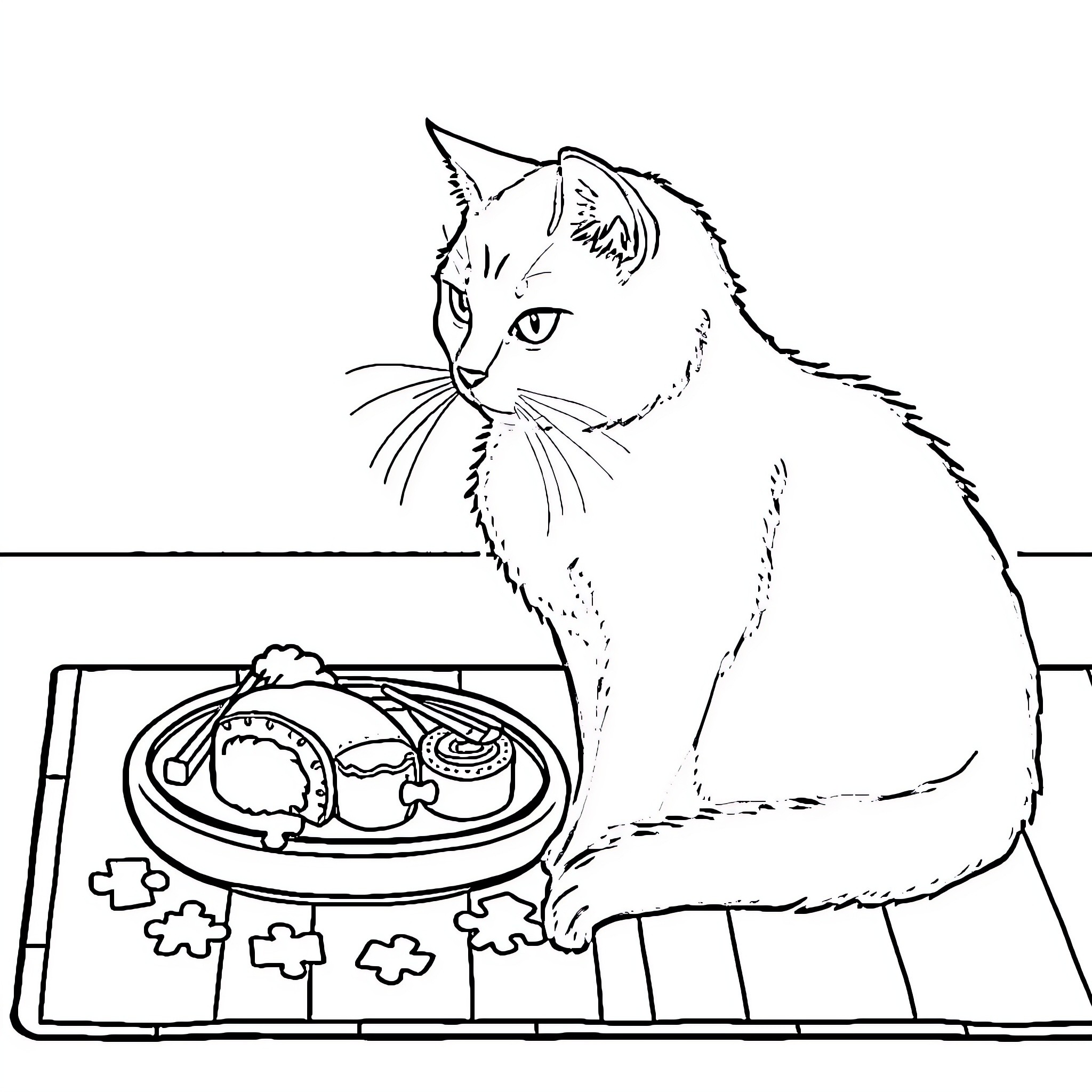 Cat examining a jigsaw puzzle Coloring Page (free black-and-white line drawing printable PDF for all, from beginners to advanced learners, including children, teens, adults, and seniors)