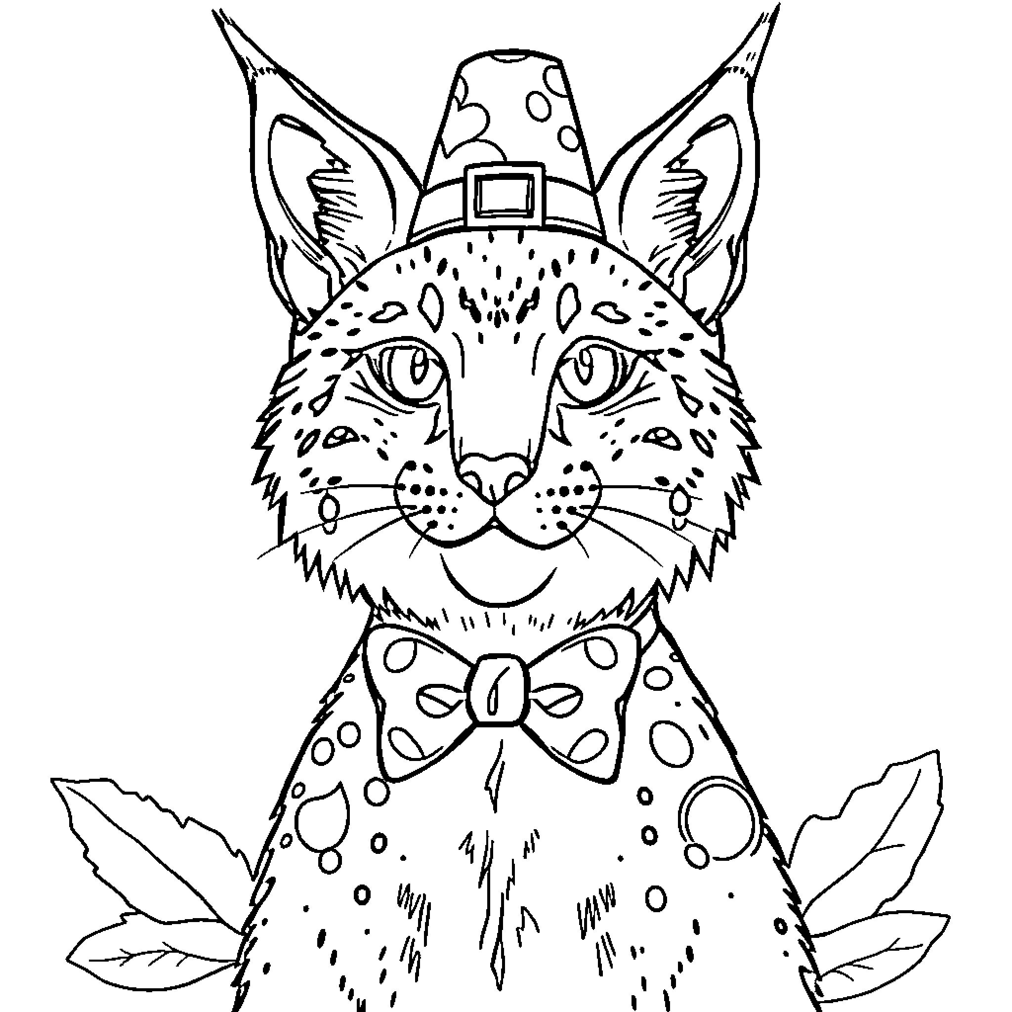 Lynx with Festive Accessories Coloring Page (free black-and-white line drawing printable PDF for all, from beginners to advanced learners, including children, teens, adults, and seniors)