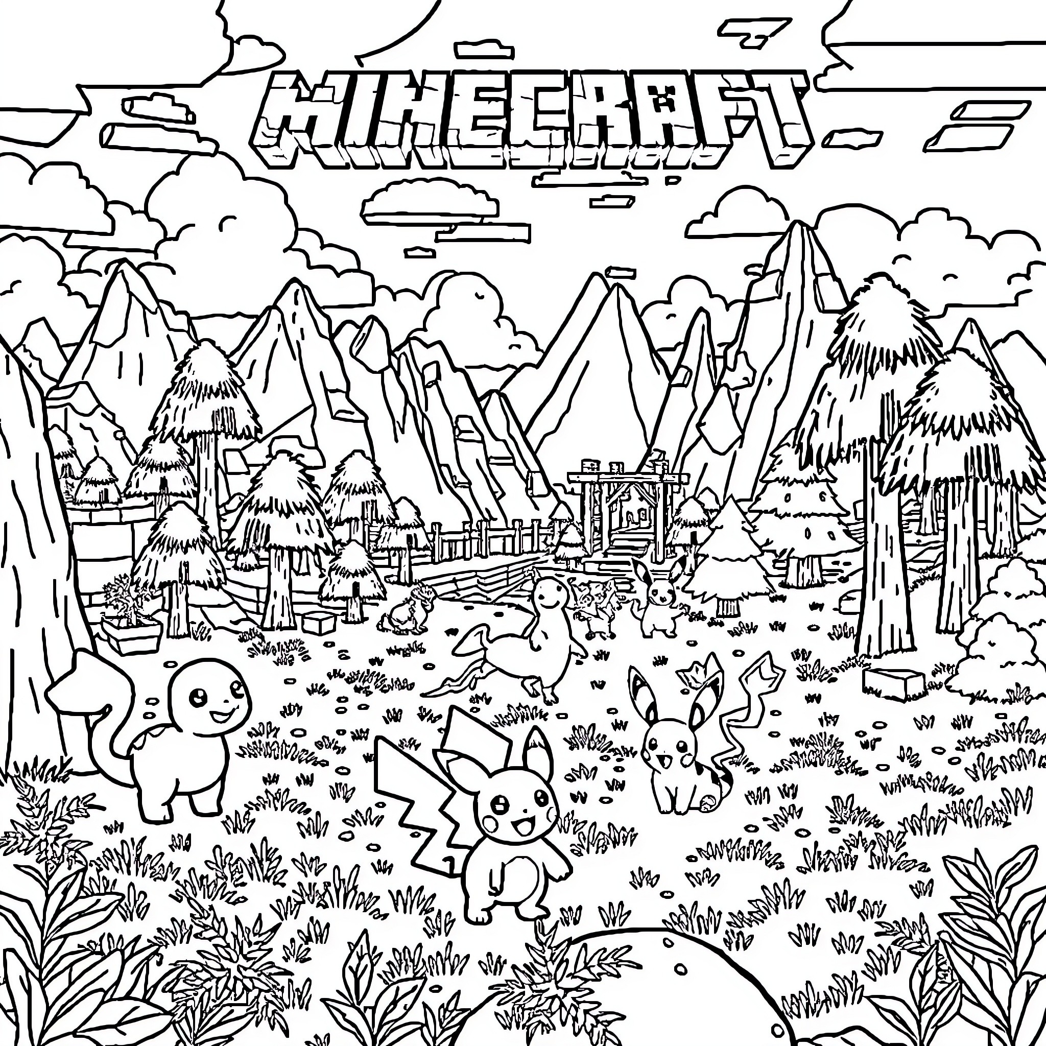 Pokémon characters exploring the Minecraft landscape Coloring Page (free black-and-white line drawing printable PDF for all, from beginners to advanced learners, including children, teens, adults, and seniors)