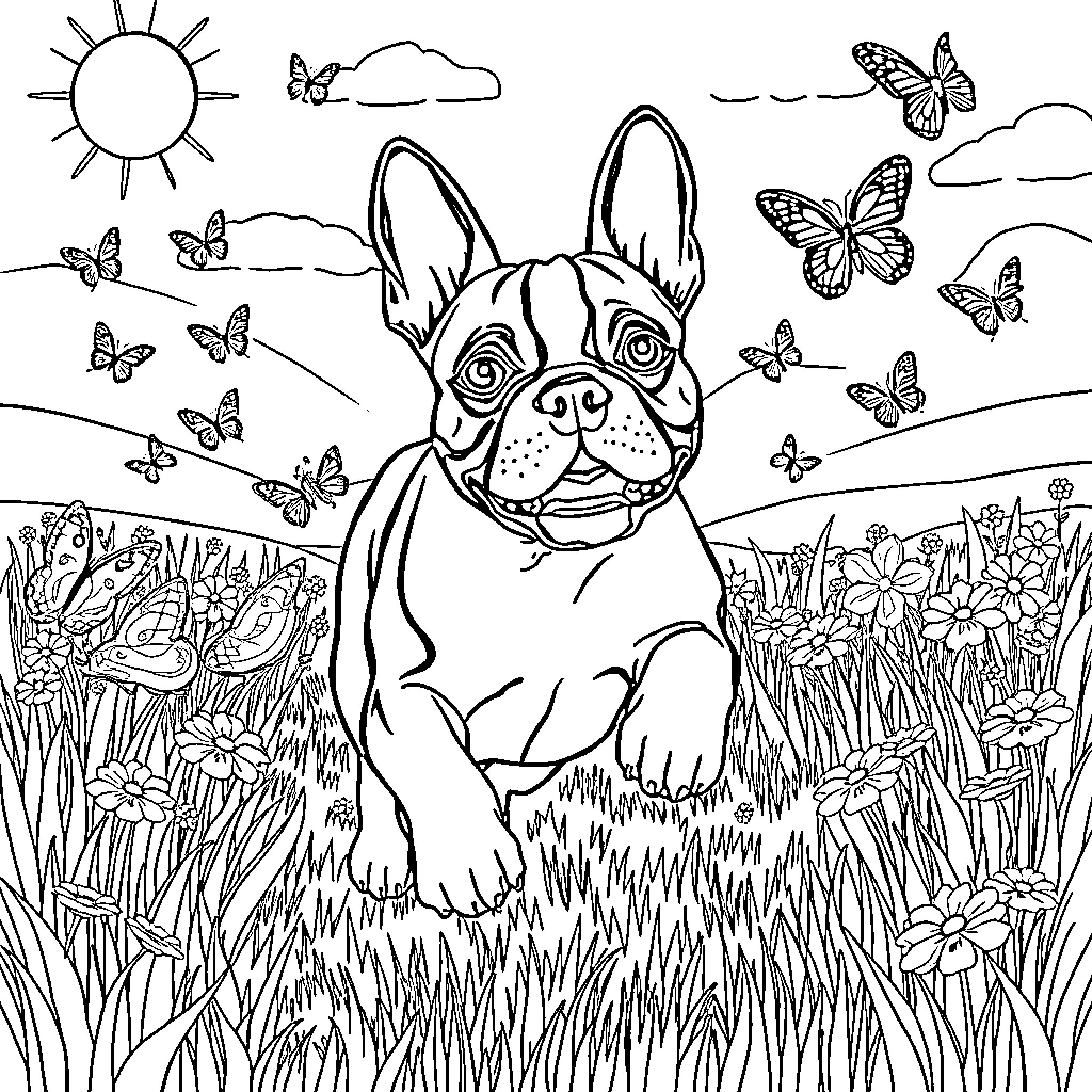 Boston Terrier enjoying a sunny day in nature Coloring Page (free black-and-white line drawing printable PDF for all, from beginners to advanced learners, including children, teens, adults, and seniors)
