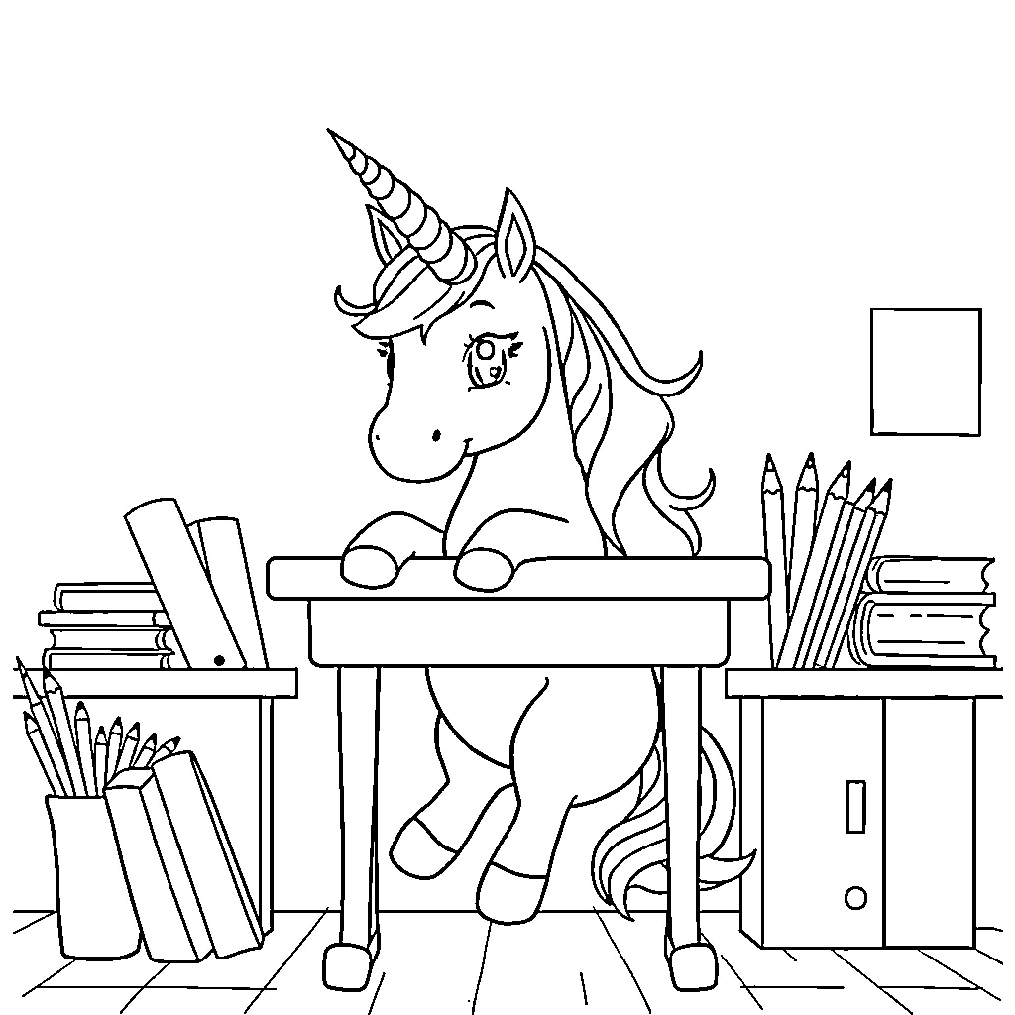 Unicorn sitting at a desk with school supplies Coloring Page (free black-and-white line drawing printable PDF for all, from beginners to advanced learners, including children, teens, adults, and seniors)