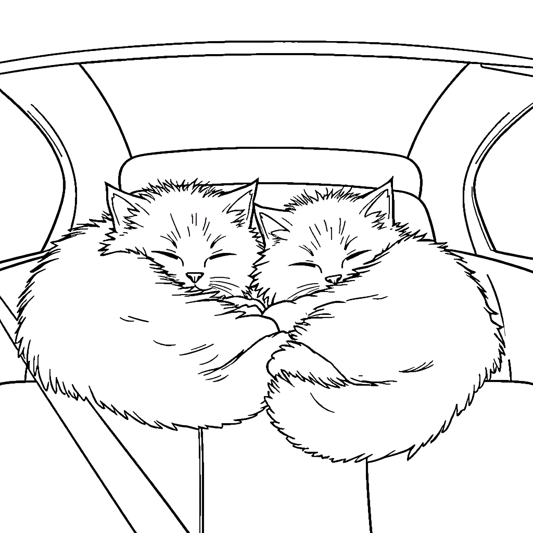 Cat sleeping peacefully in cozy car Coloring Page (free black-and-white line drawing printable PDF for all, from beginners to advanced learners, including children, teens, adults, and seniors)