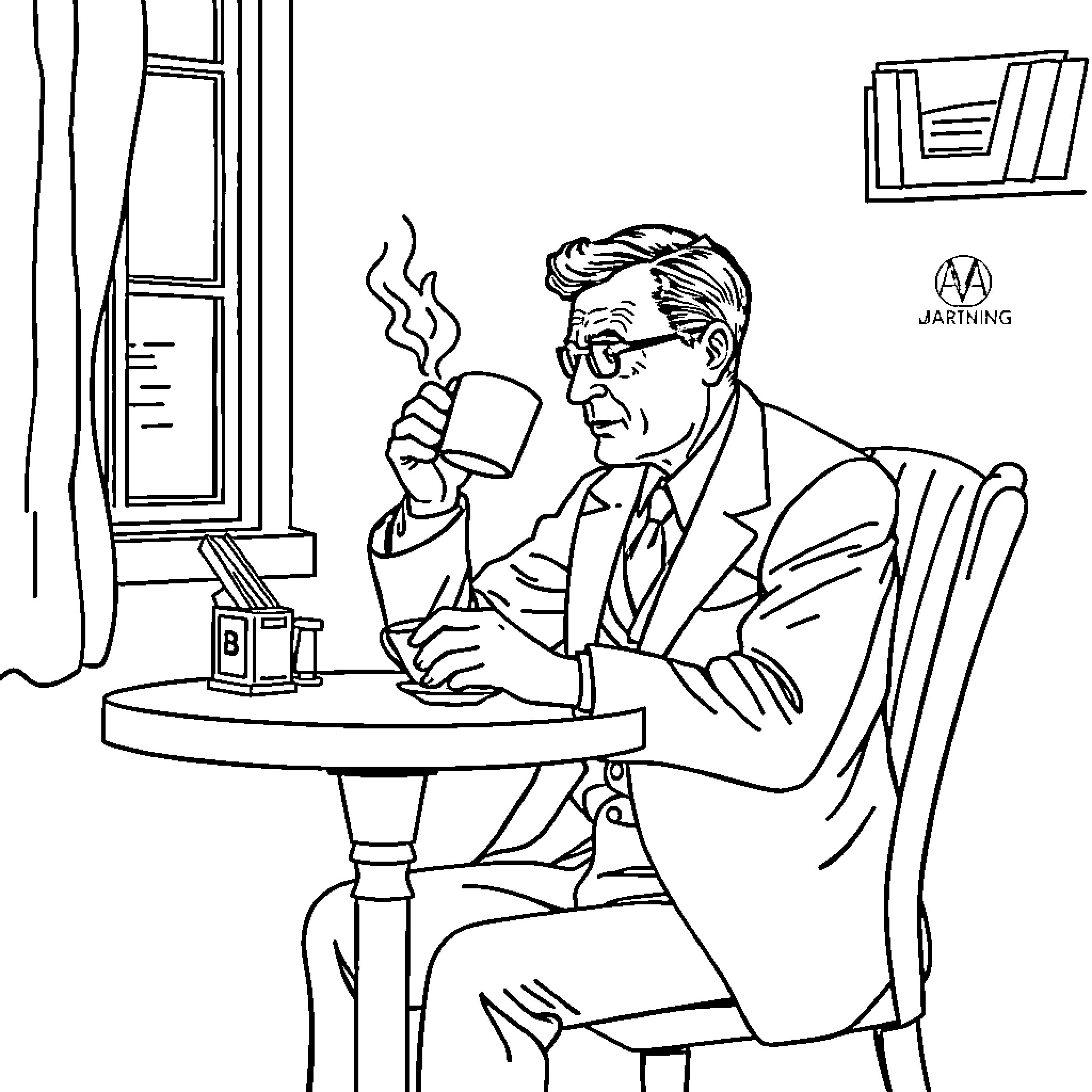 Alan Turing drinking coffee in thought Coloring Page (free black-and-white line drawing printable PDF for all, from beginners to advanced learners, including children, teens, adults, and seniors)