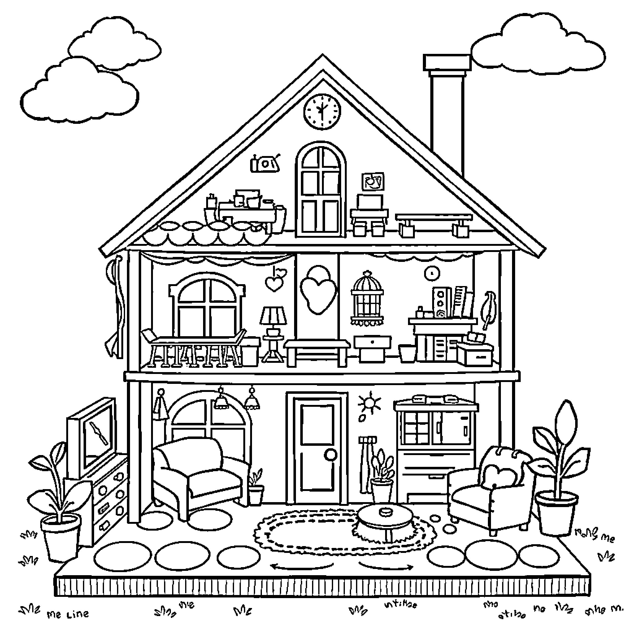 Dollhouse with detailed furnishings and decor Coloring Page (free black-and-white line drawing printable PDF for all, from beginners to advanced learners, including children, teens, adults, and seniors)