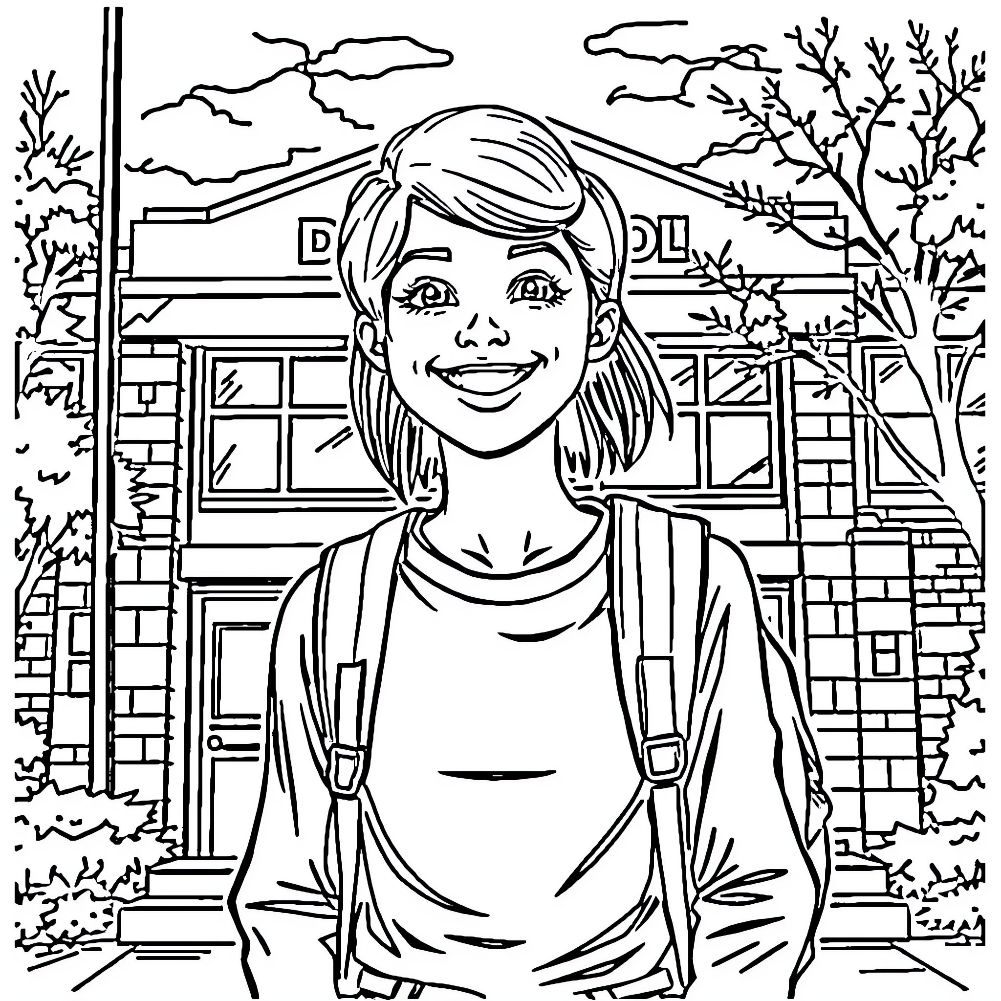 Degrassi: Youthful Smiles and School Scene Coloring Page (free black-and-white line drawing printable PDF for all, from beginners to advanced learners, including children, teens, adults, and seniors)