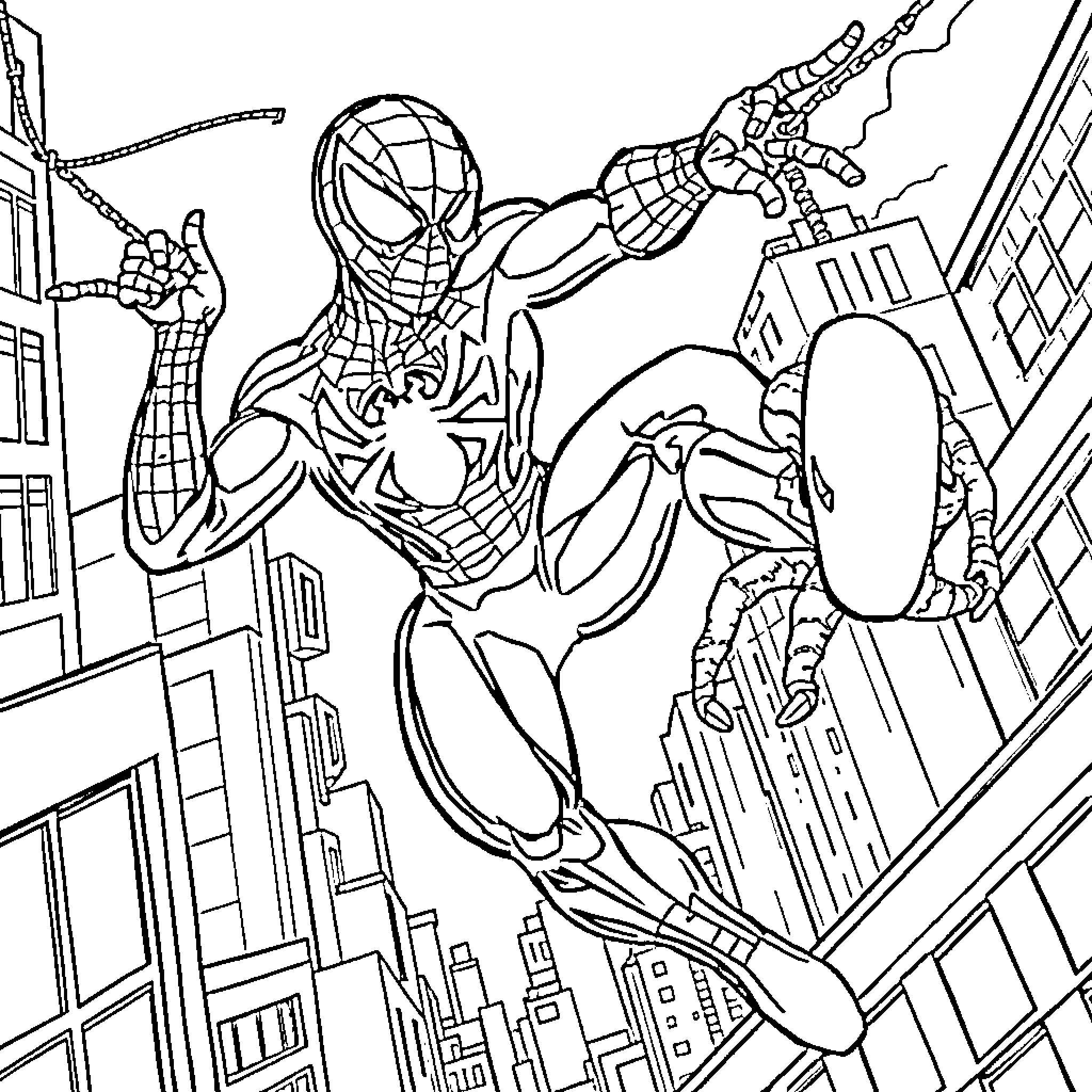 Spidey Swinging Through the City Skyline Coloring Page (free black-and-white line drawing printable PDF for all, from beginners to advanced learners, including children, teens, adults, and seniors)
