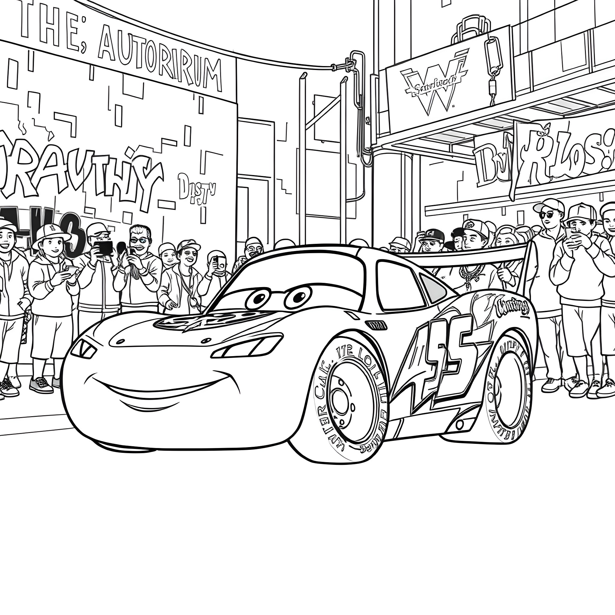 Lightning McQueen Races Through the Autorum Coloring Page (free black-and-white line drawing printable PDF for all, from beginners to advanced learners, including children, teens, adults, and seniors)