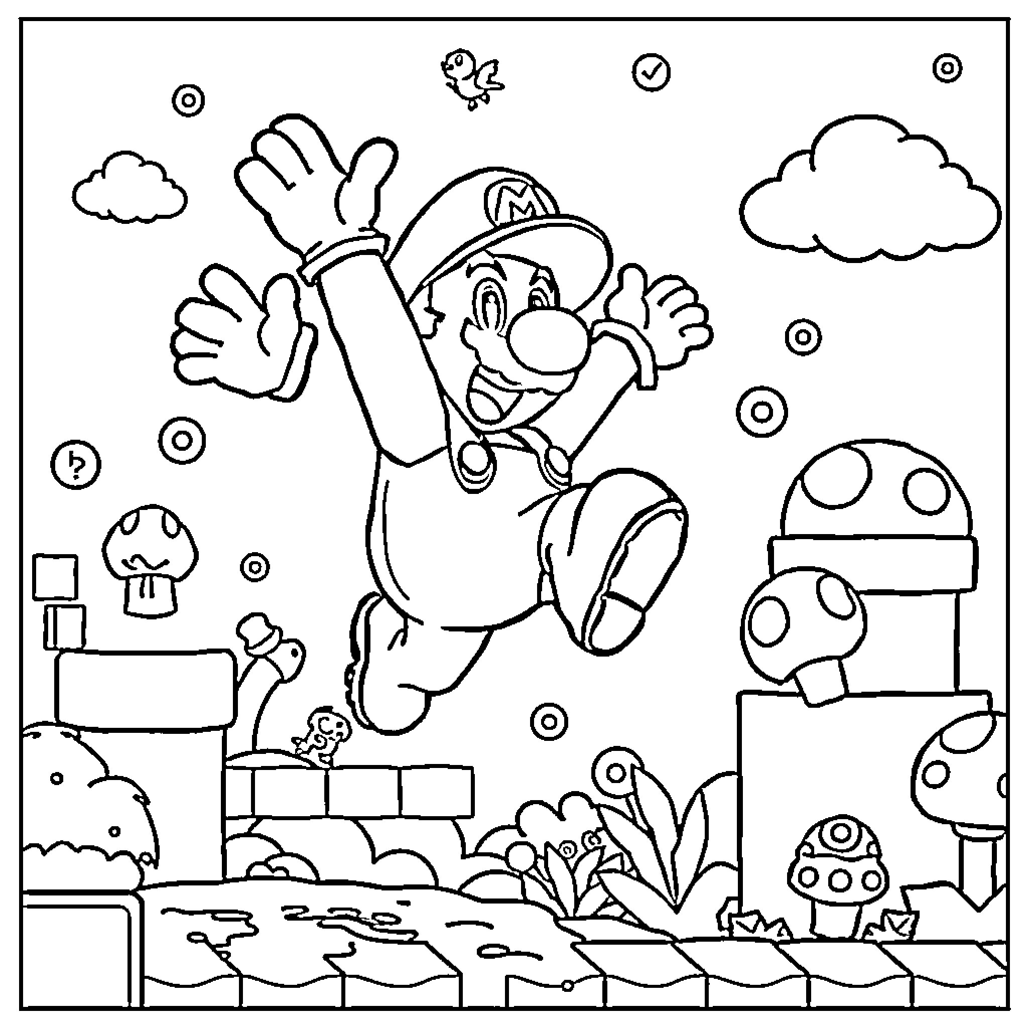 Mario Jumping with Joy in Mushroom Kingdom Coloring Page (free black-and-white line drawing printable PDF for all, from beginners to advanced learners, including children, teens, adults, and seniors)