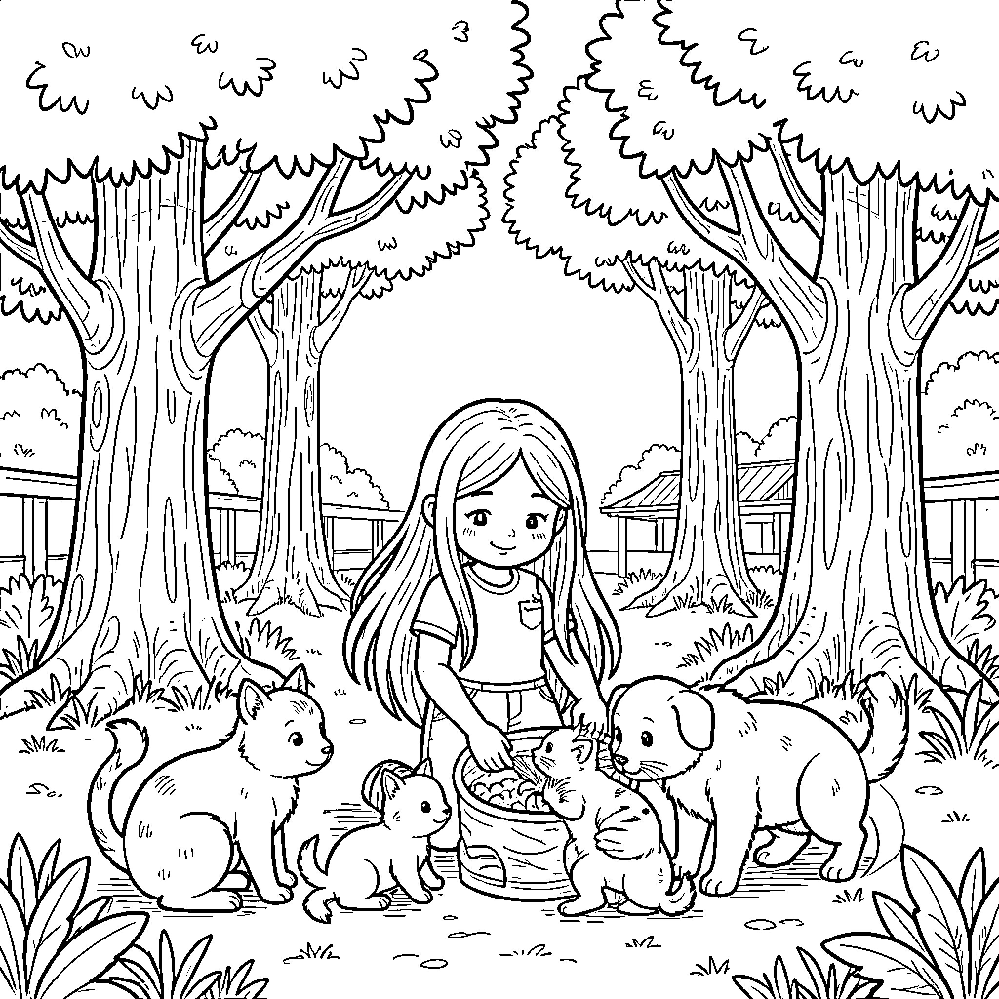 Fillette feeding small animals in a forest setting Coloring Page (free black-and-white line drawing printable PDF for all, from beginners to advanced learners, including children, teens, adults, and seniors)