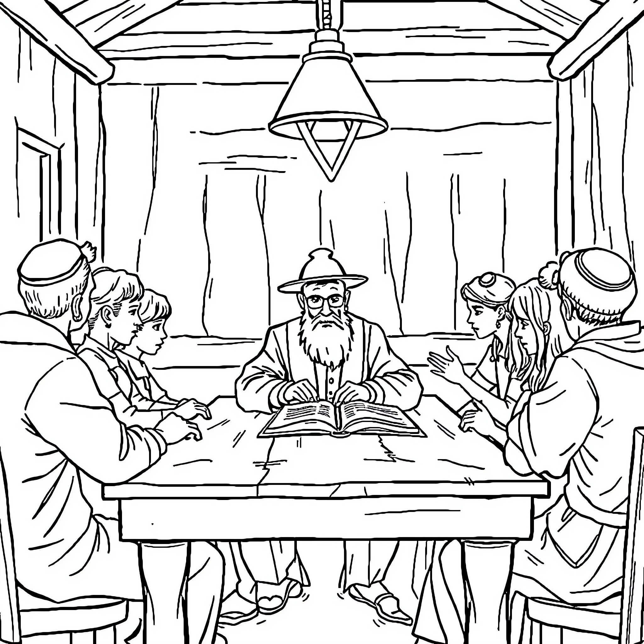Rabbi leading a Torah study session in a humble setting Coloring Page (free black-and-white line drawing printable PDF for all, from beginners to advanced learners, including children, teens, adults, and seniors)