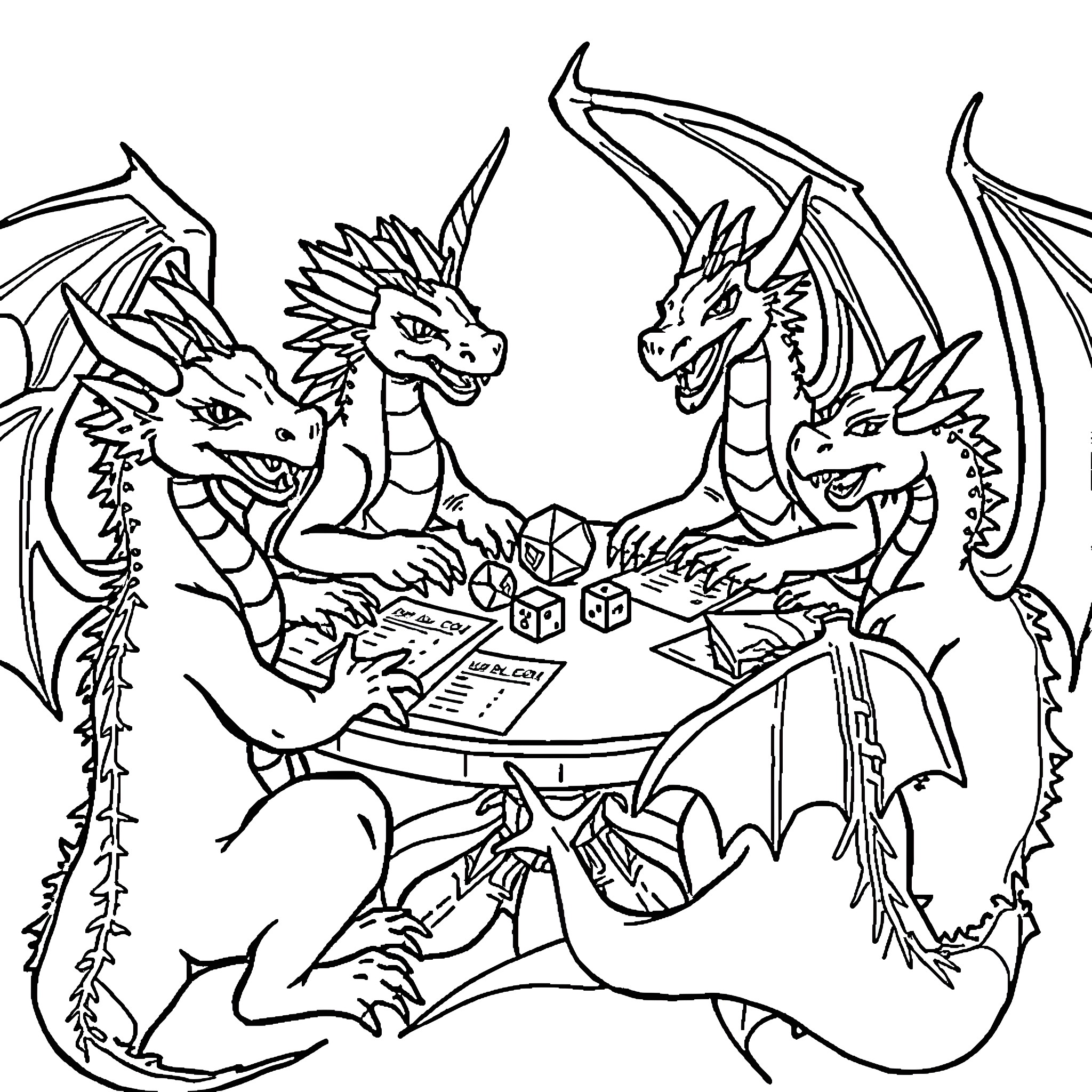 Dragon creatures playing a board game together Coloring Page (free black-and-white line drawing printable PDF for all, from beginners to advanced learners, including children, teens, adults, and seniors)