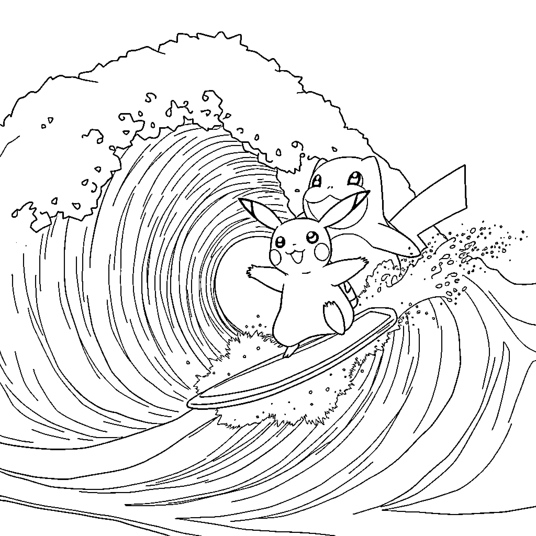 Pikachu surfing on a giant wave Coloring Page (free black-and-white line drawing printable PDF for all, from beginners to advanced learners, including children, teens, adults, and seniors)