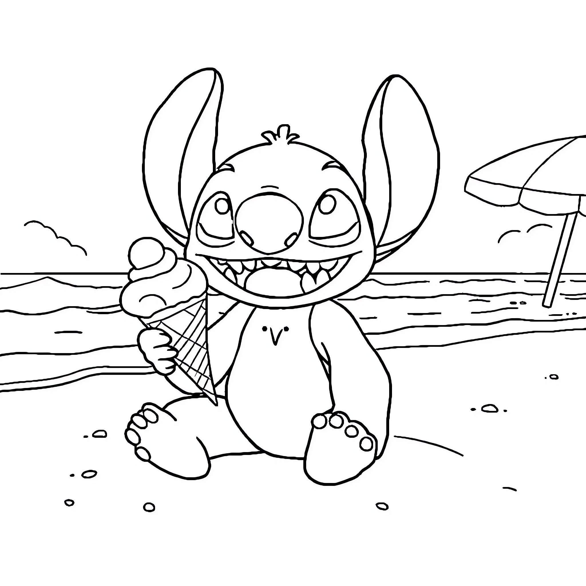 Stitch enjoying a day at the beach Coloring Page (free black-and-white line drawing printable PDF for all, from beginners to advanced learners, including children, teens, adults, and seniors)