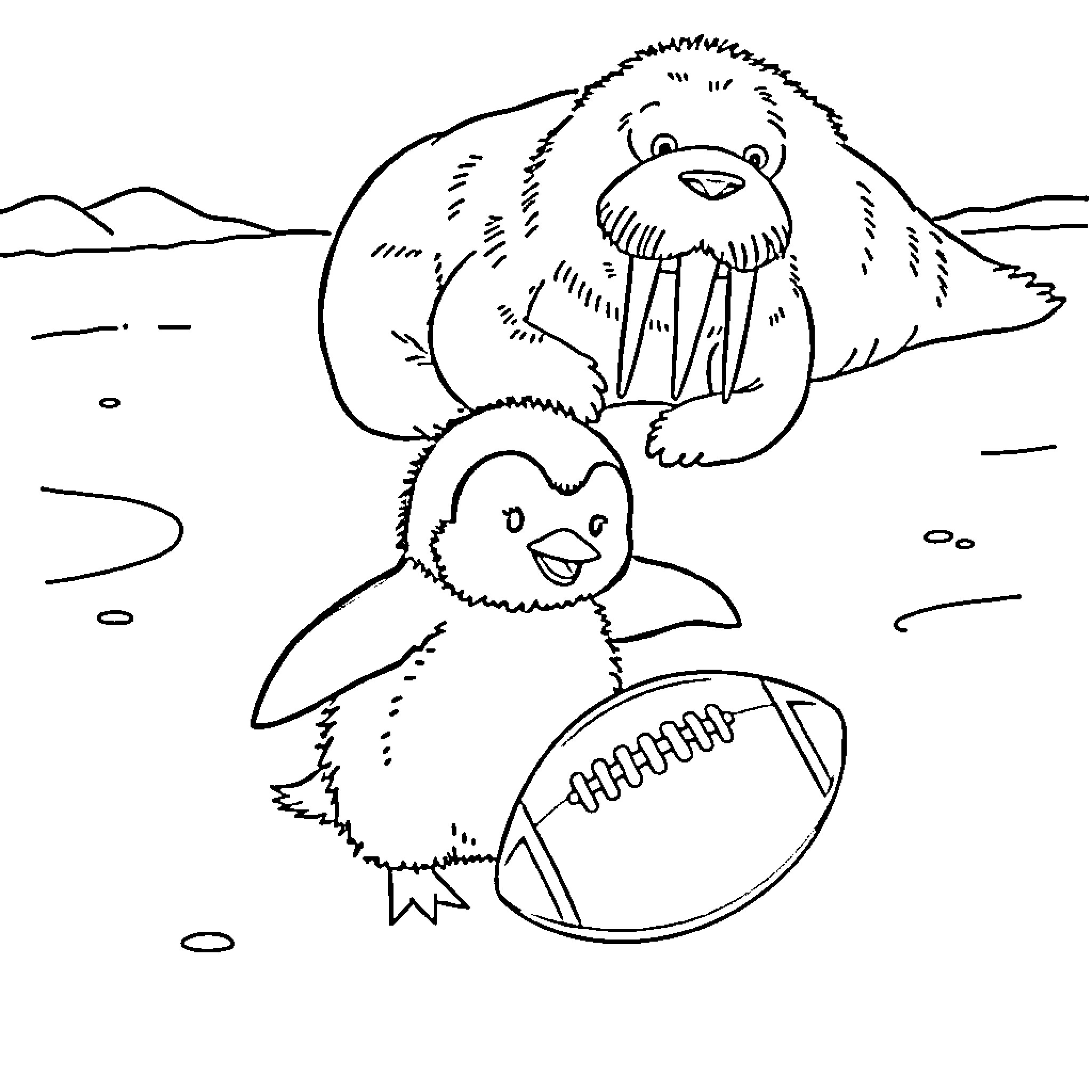 Penguin pals playing with football in winter landscape Coloring Page (free black-and-white line drawing printable PDF for all, from beginners to advanced learners, including children, teens, adults, and seniors)