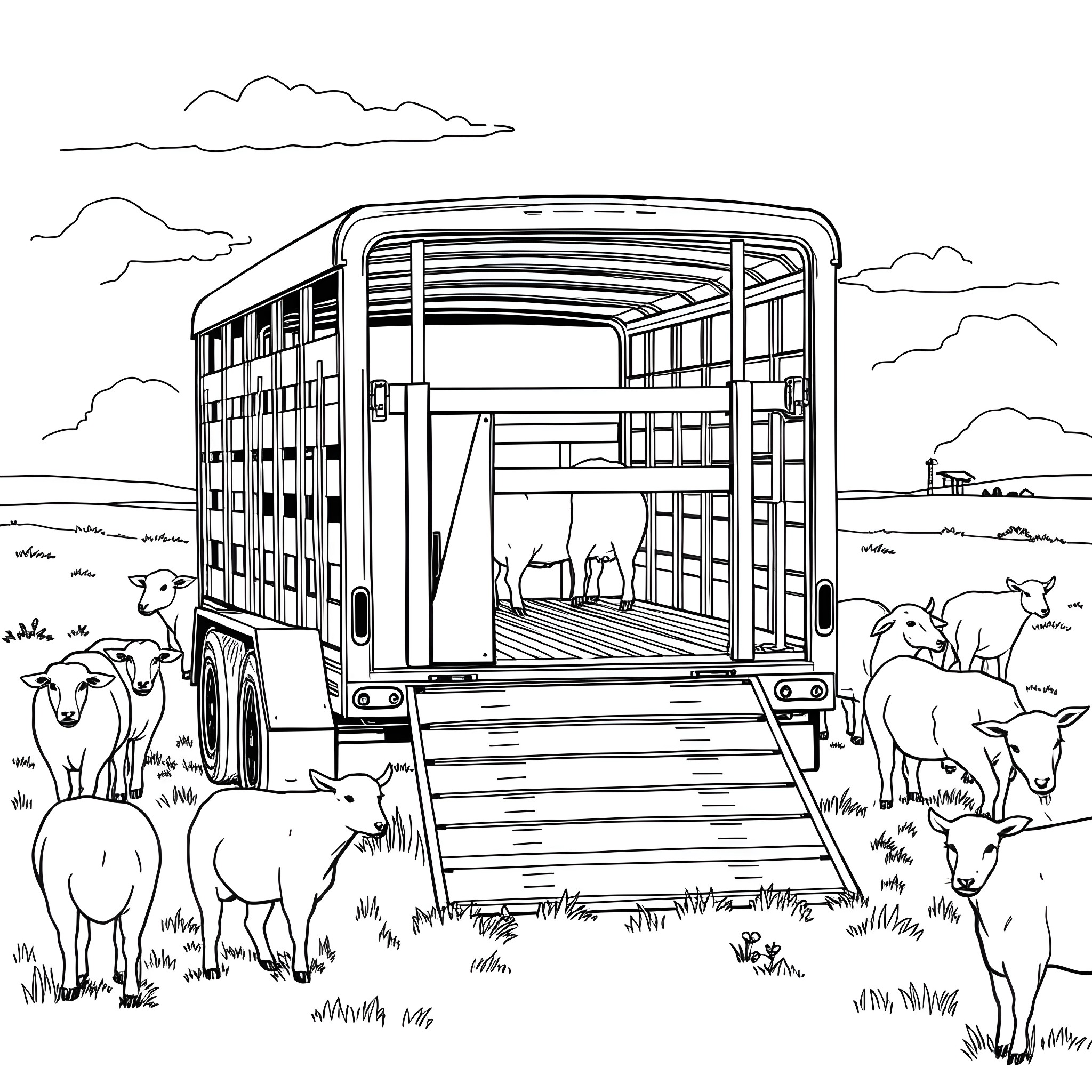 Livestock Trailer Transporting Animals in the Countryside Coloring Page (free black-and-white line drawing printable PDF for all, from beginners to advanced learners, including children, teens, adults, and seniors)