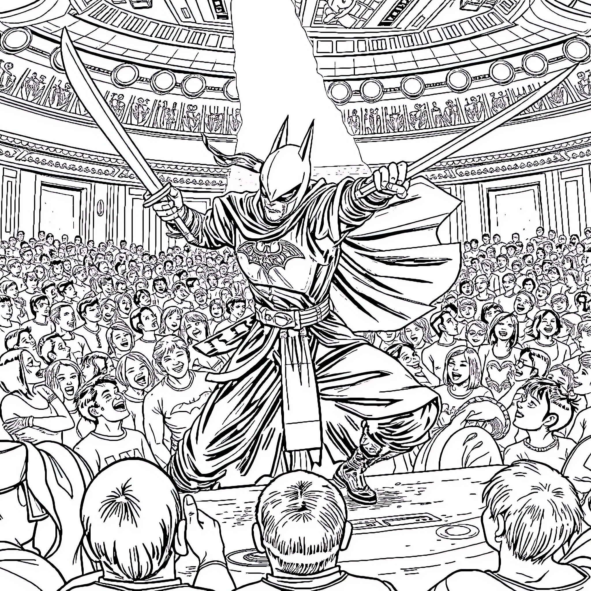 Ninja warrior battles in a crowded arena Coloring Page (free black-and-white line drawing printable PDF for all, from beginners to advanced learners, including children, teens, adults, and seniors)