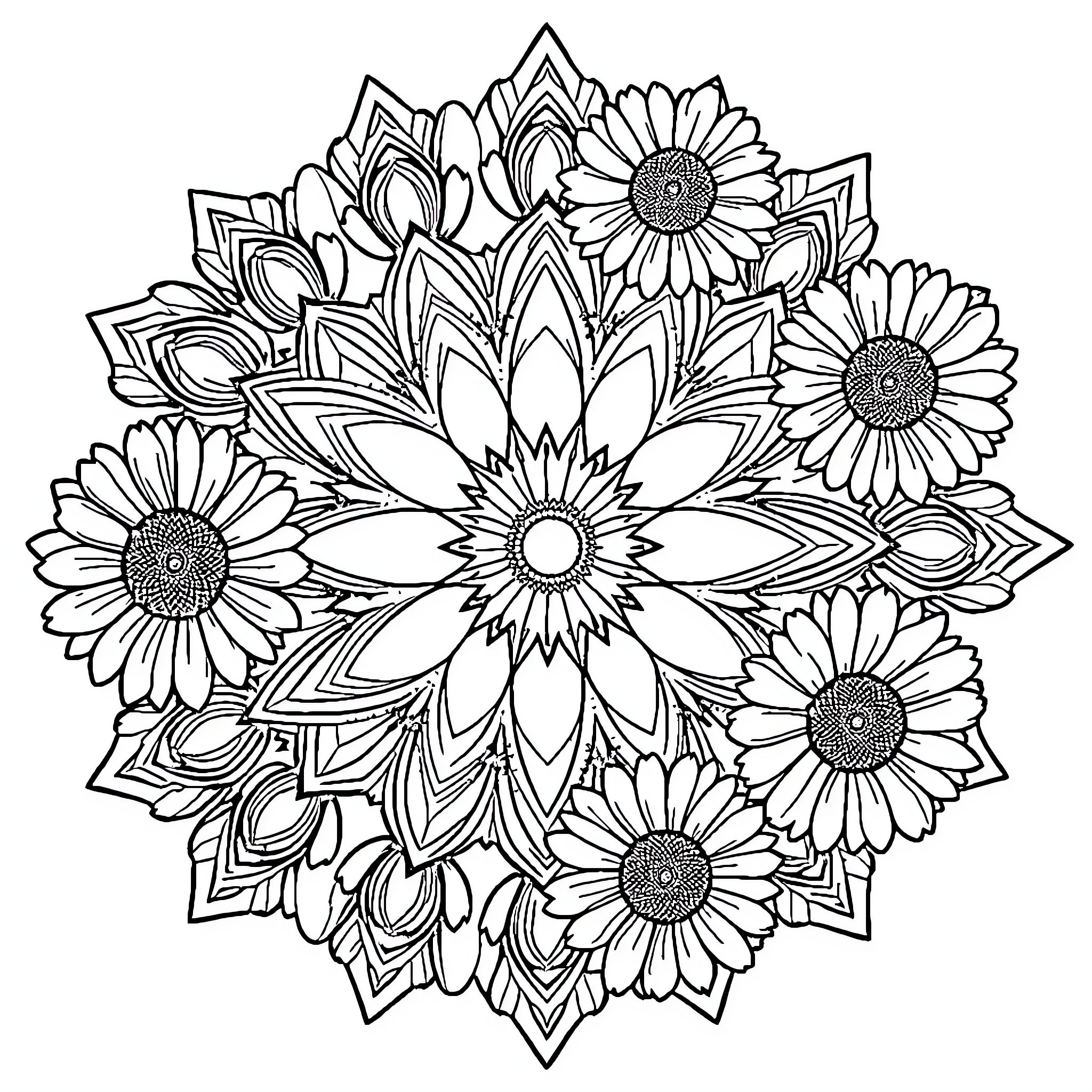 Mandalas of Intricate Floral Designs Coloring Page (free black-and-white line drawing printable PDF for all, from beginners to advanced learners, including children, teens, adults, and seniors)