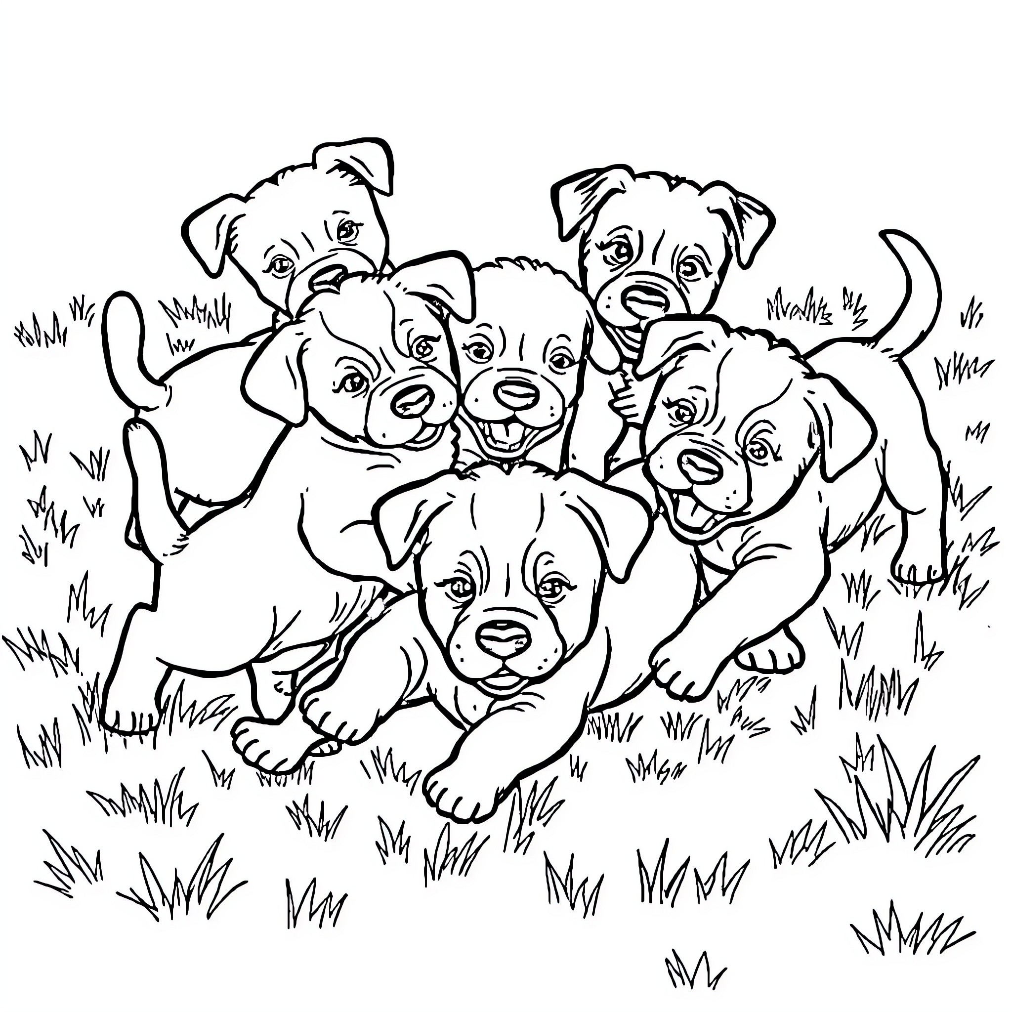 Puppy playing together in the grassy field Coloring Page (free black-and-white line drawing printable PDF for all, from beginners to advanced learners, including children, teens, adults, and seniors)