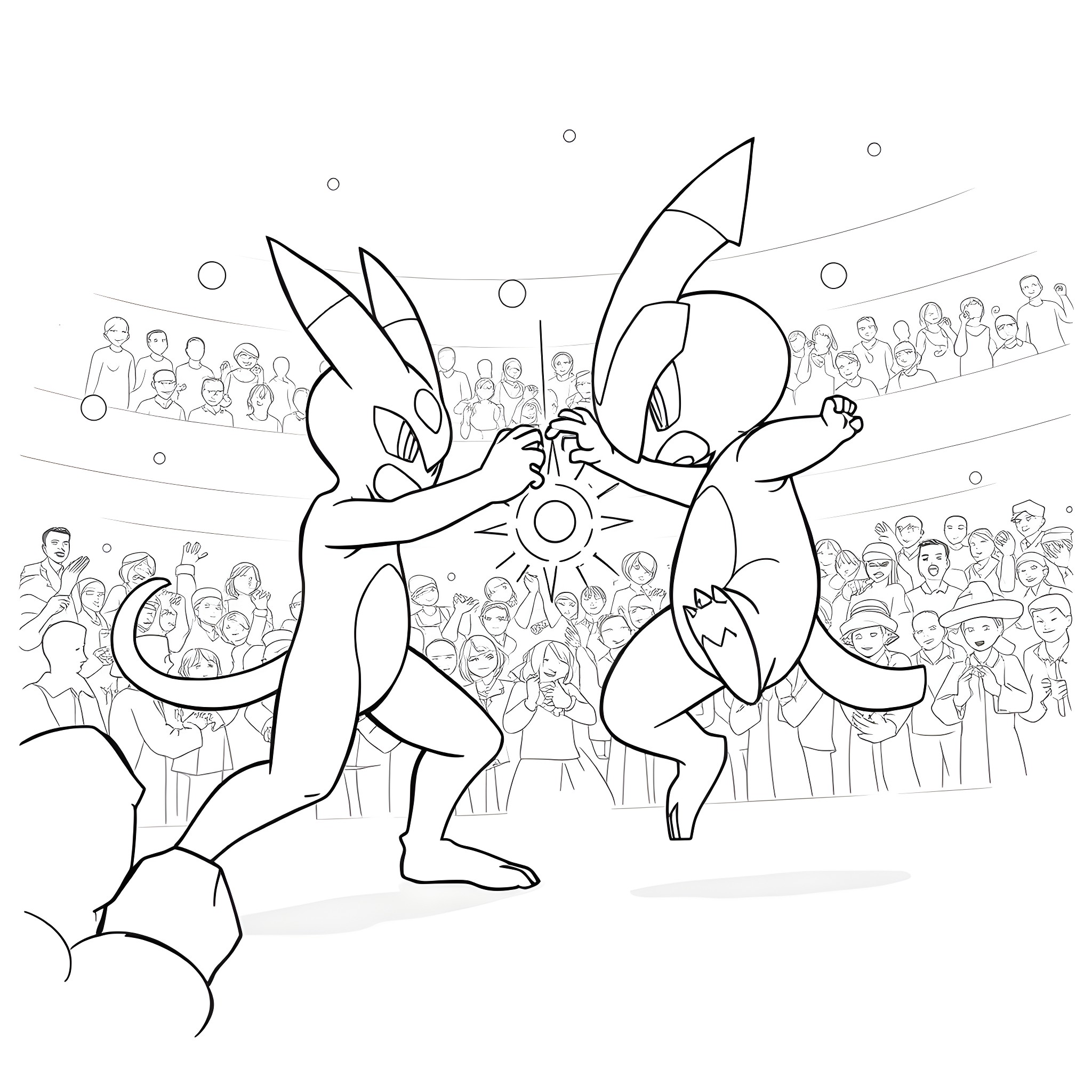 Hitmonlee battling on stage with crowd Coloring Page (free black-and-white line drawing printable PDF for all, from beginners to advanced learners, including children, teens, adults, and seniors)