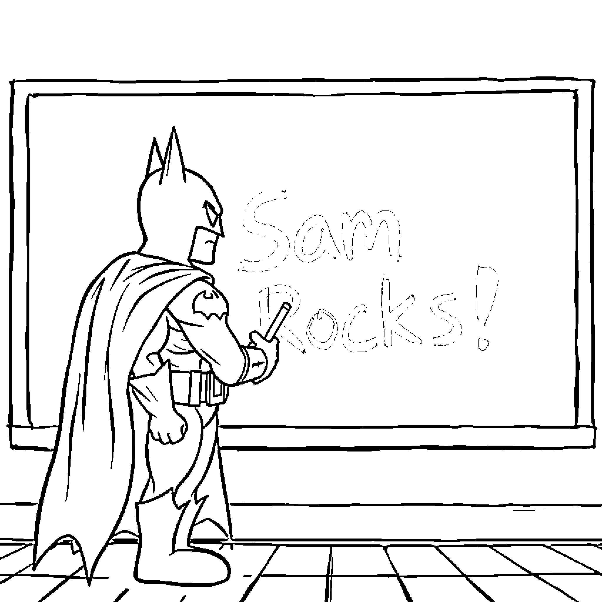 Batman Sketching on the Chalkboard Coloring Page (free black-and-white line drawing printable PDF for all, from beginners to advanced learners, including children, teens, adults, and seniors)