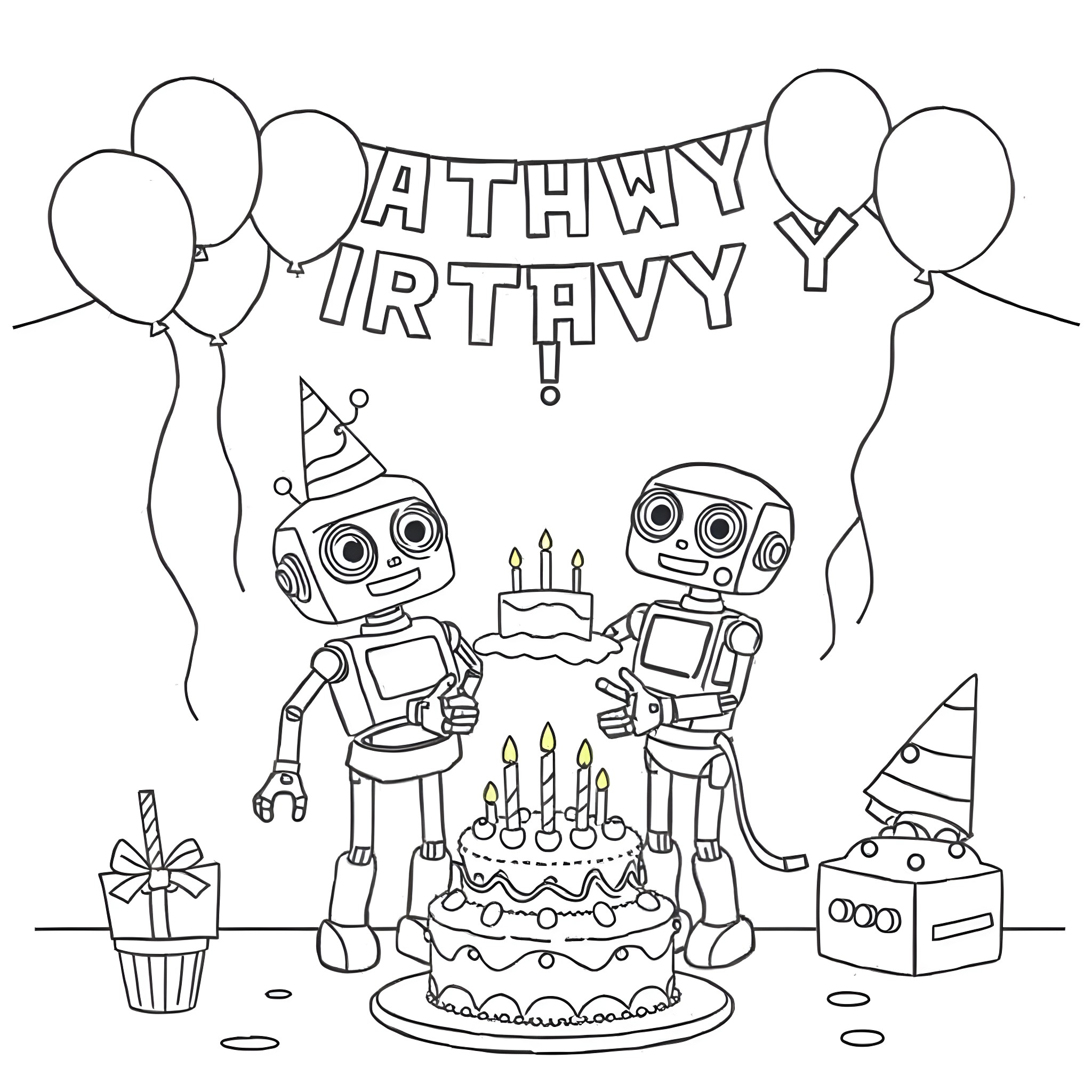 Robots celebrating a happy birthday party Coloring Page (free black-and-white line drawing printable PDF for all, from beginners to advanced learners, including children, teens, adults, and seniors)