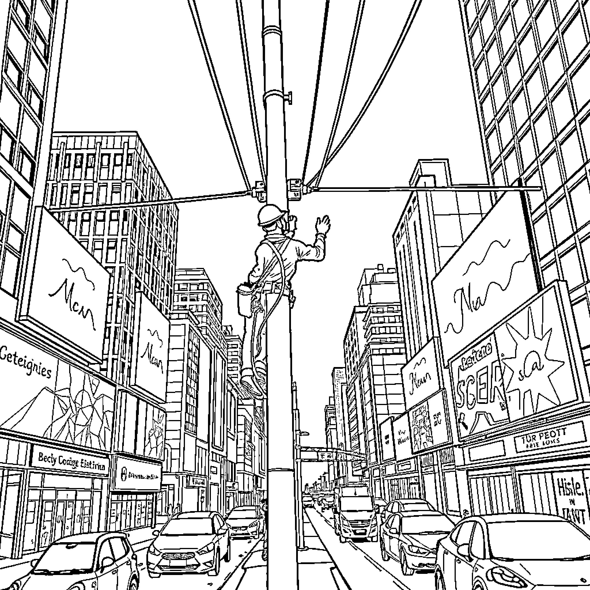 Electrician Inspecting Power Lines in Busy City Street Coloring Page (free black-and-white line drawing printable PDF for all, from beginners to advanced learners, including children, teens, adults, and seniors)