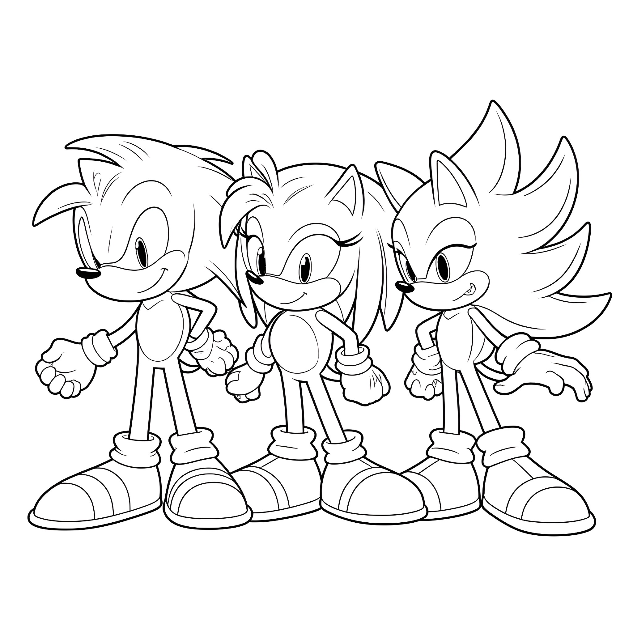 Sonic and friends in action poses Coloring Page (free black-and-white line drawing printable PDF for all, from beginners to advanced learners, including children, teens, adults, and seniors)