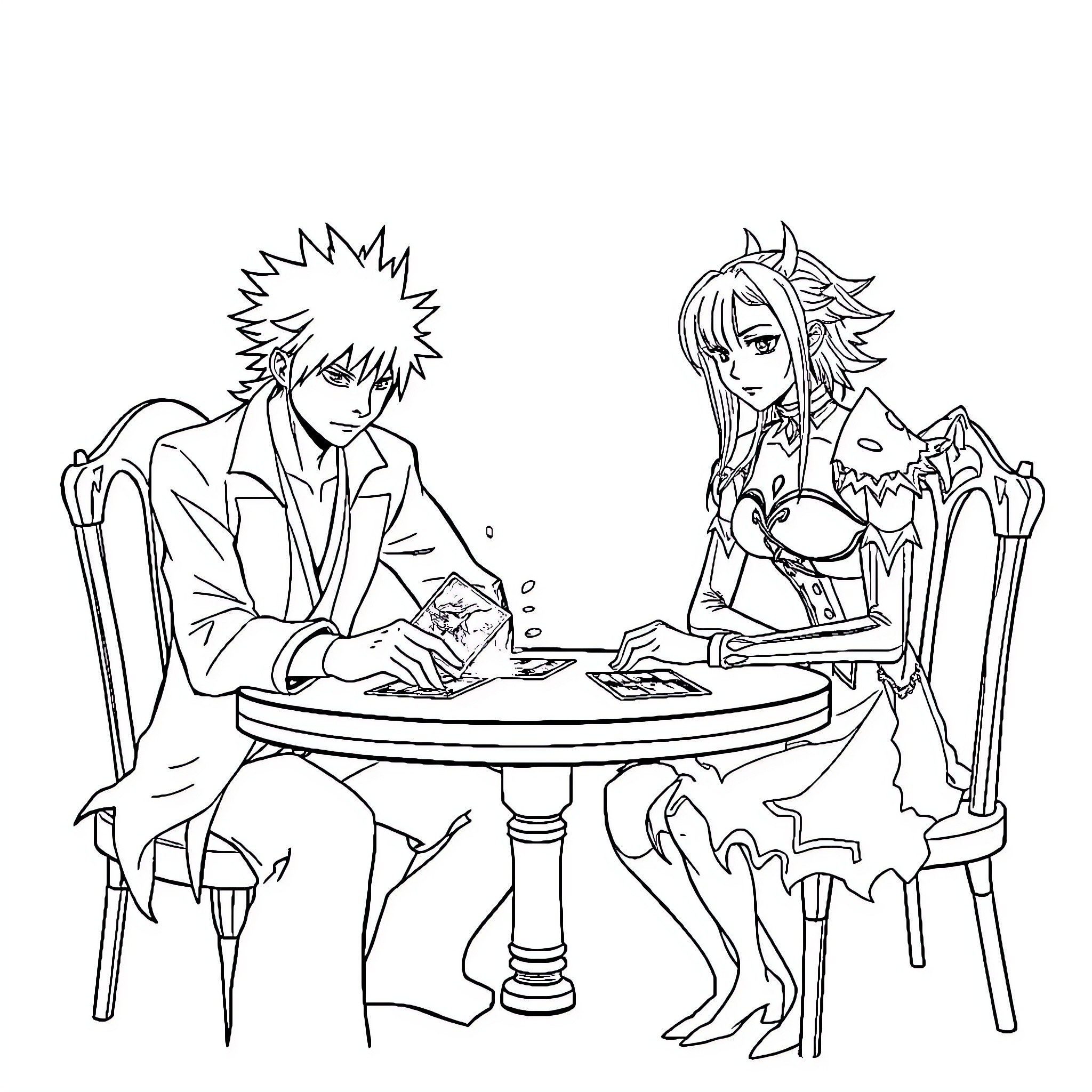Ichigo discussing with a companion at a table Coloring Page (free black-and-white line drawing printable PDF for all, from beginners to advanced learners, including children, teens, adults, and seniors)