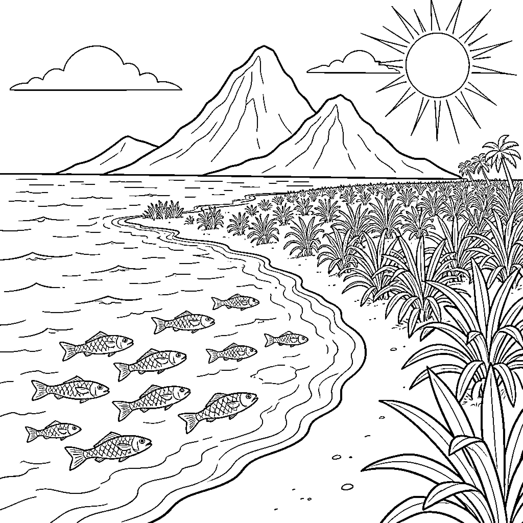 Fish swimming in the ocean near a tropical shore Coloring Page (free black-and-white line drawing printable PDF for all, from beginners to advanced learners, including children, teens, adults, and seniors)