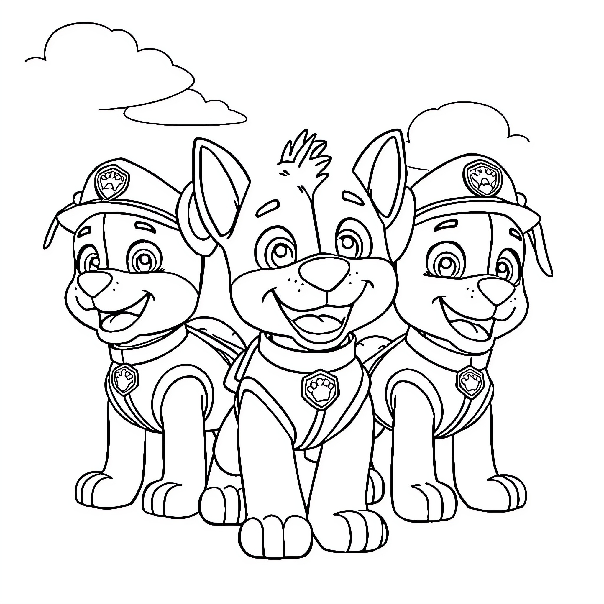 Paw Patrol pups posing together happily Coloring Page (free black-and-white line drawing printable PDF for all, from beginners to advanced learners, including children, teens, adults, and seniors)