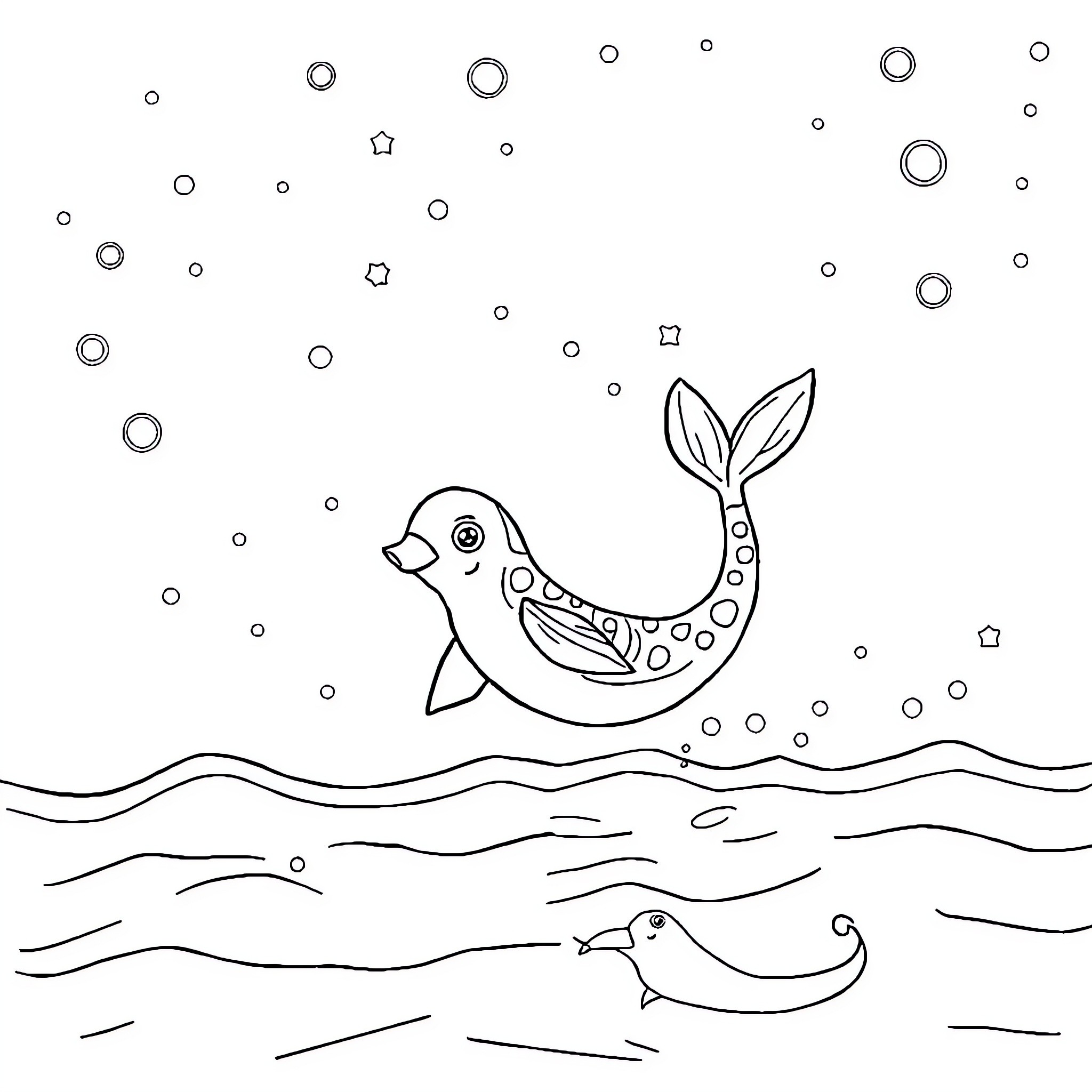 Oui-oui whimsical underwater creatures and bubbles Coloring Page (free black-and-white line drawing printable PDF for all, from beginners to advanced learners, including children, teens, adults, and seniors)