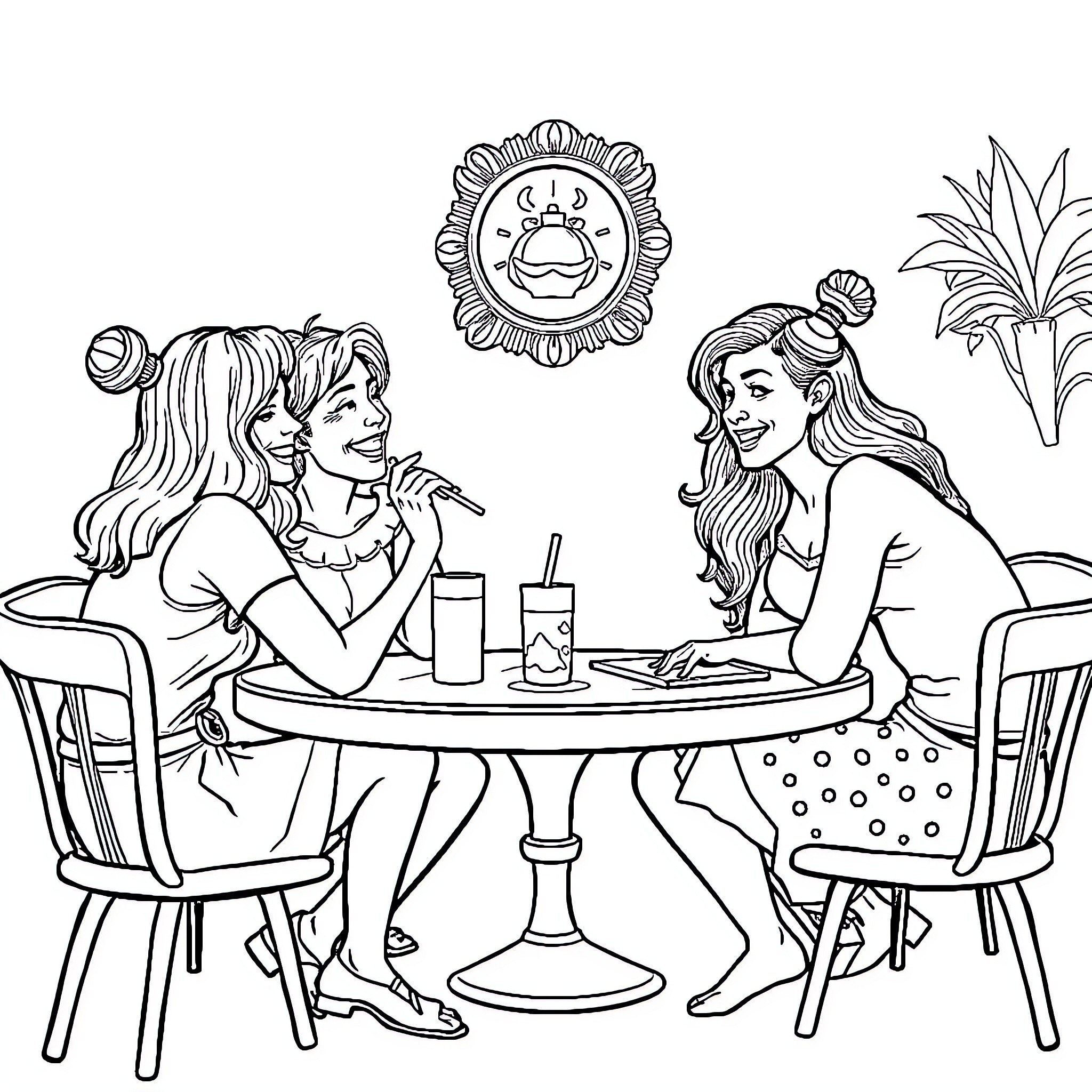 Zyn Friends Enjoying a Lively Cafe Conversation Coloring Page (free black-and-white line drawing printable PDF for all, from beginners to advanced learners, including children, teens, adults, and seniors)