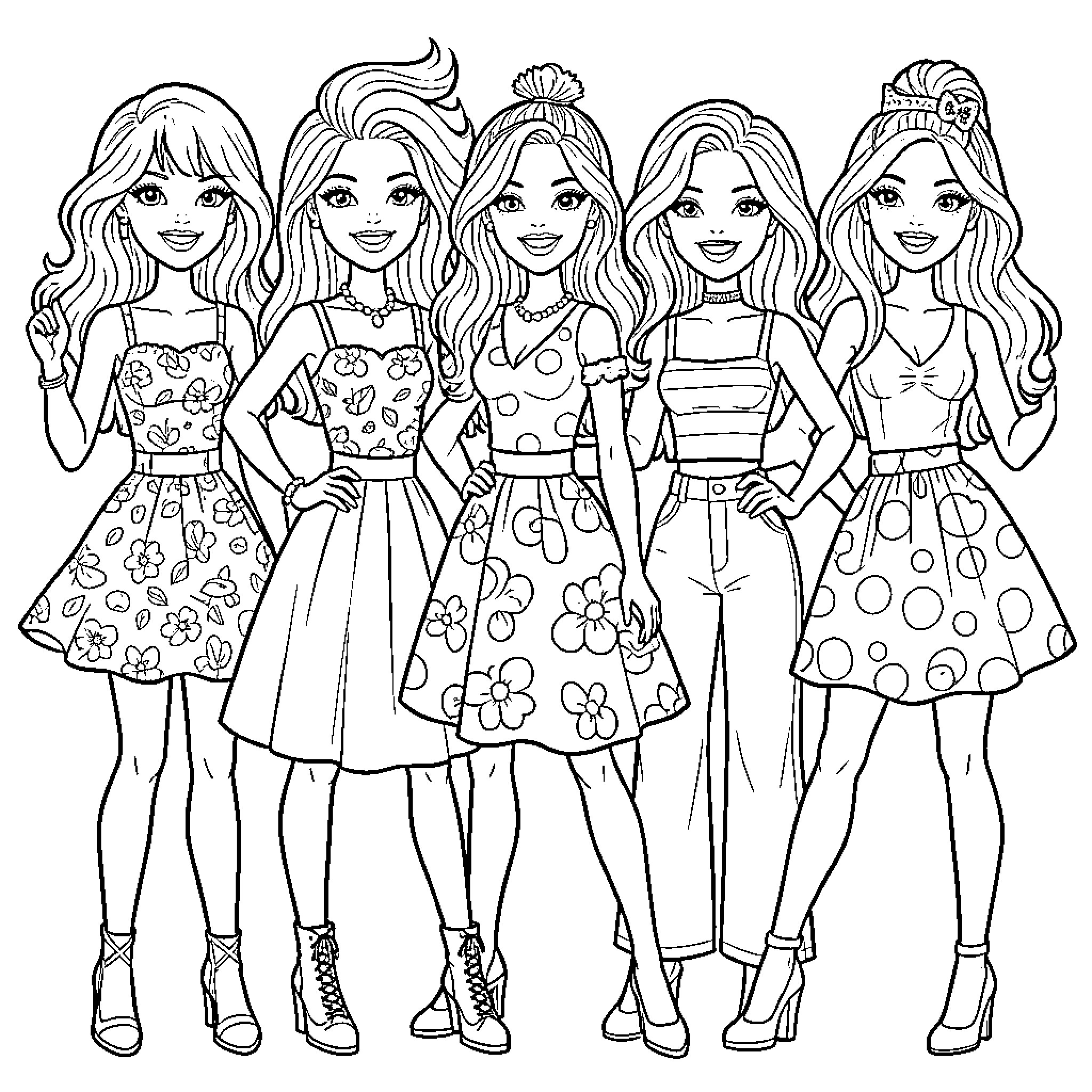 Barbie and Friends in Fashionable Outfits Coloring Page (free black-and-white line drawing printable PDF for all, from beginners to advanced learners, including children, teens, adults, and seniors)