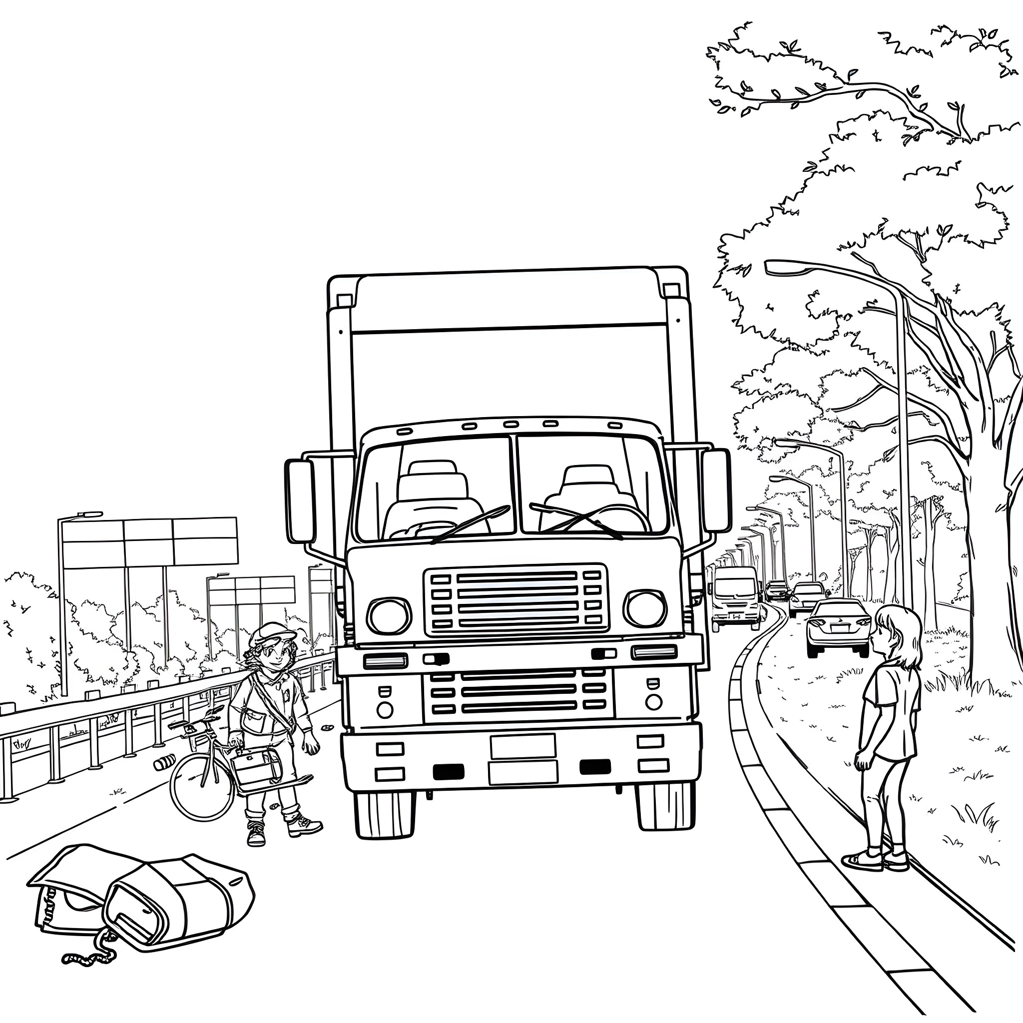 Truck delivering supplies on a rural road Coloring Page (free black-and-white line drawing printable PDF for all, from beginners to advanced learners, including children, teens, adults, and seniors)
