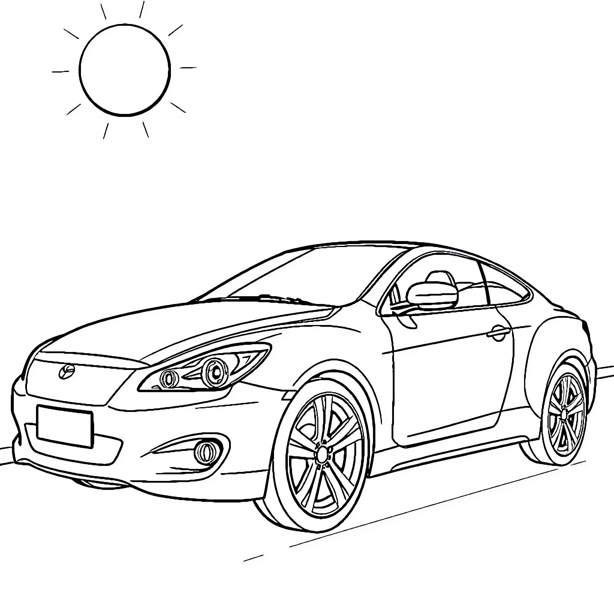 Car driving under the sun Coloring Page (free black-and-white line drawing printable PDF for all, from beginners to advanced learners, including children, teens, adults, and seniors)