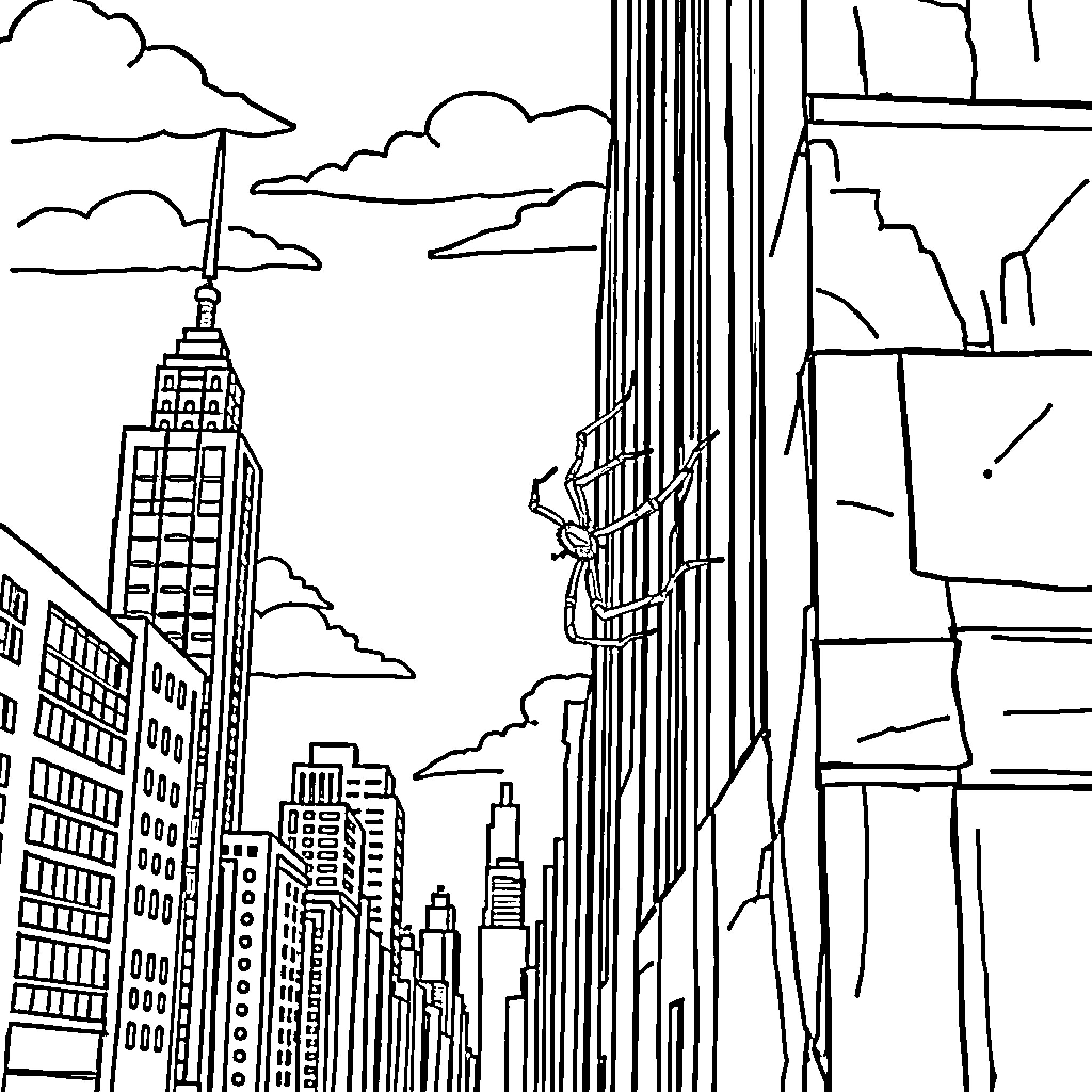 Spider-like creature scales towering city skyscrapers Coloring Page (free black-and-white line drawing printable PDF for all, from beginners to advanced learners, including children, teens, adults, and seniors)