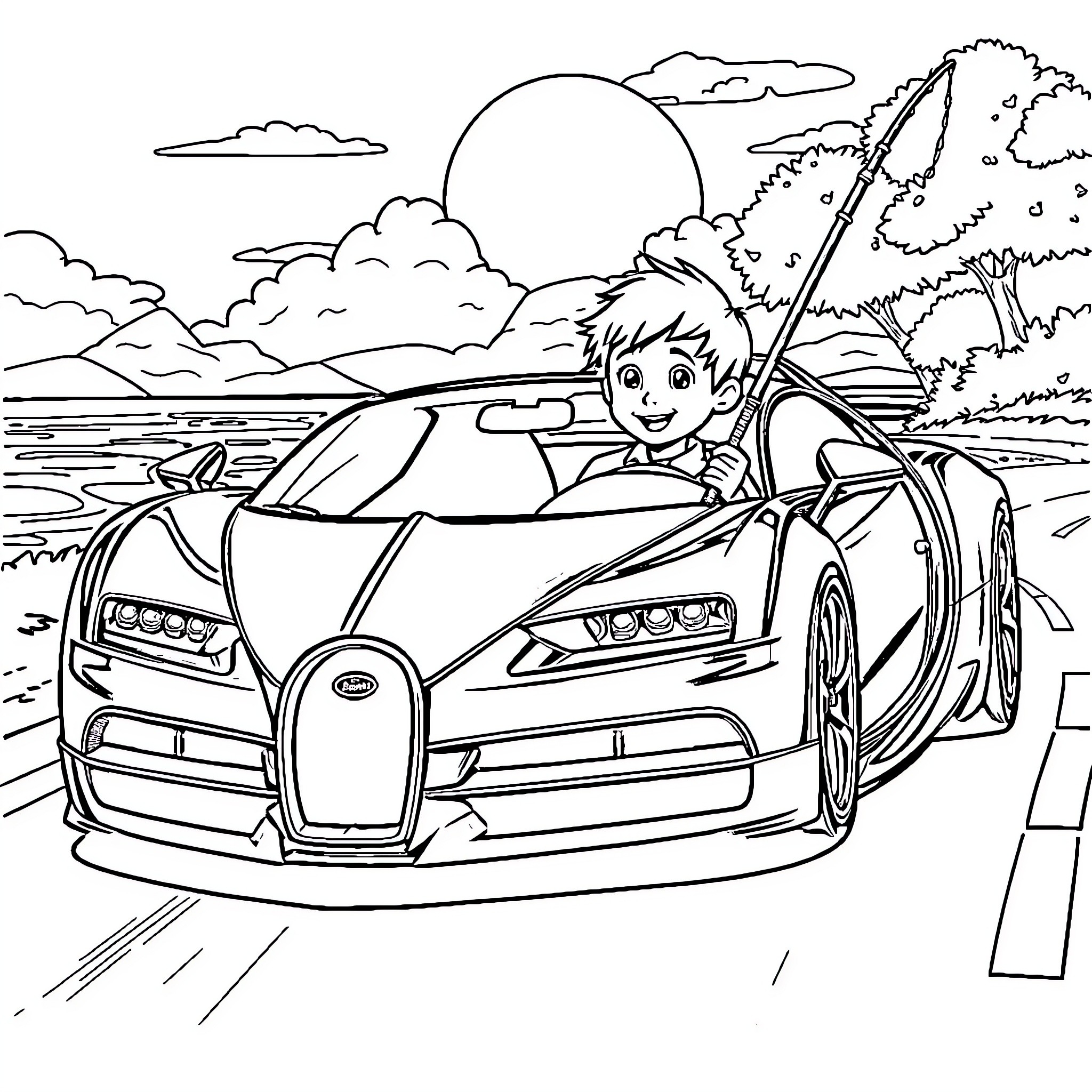 Boy driving a sports car on the road Coloring Page (free black-and-white line drawing printable PDF for all, from beginners to advanced learners, including children, teens, adults, and seniors)