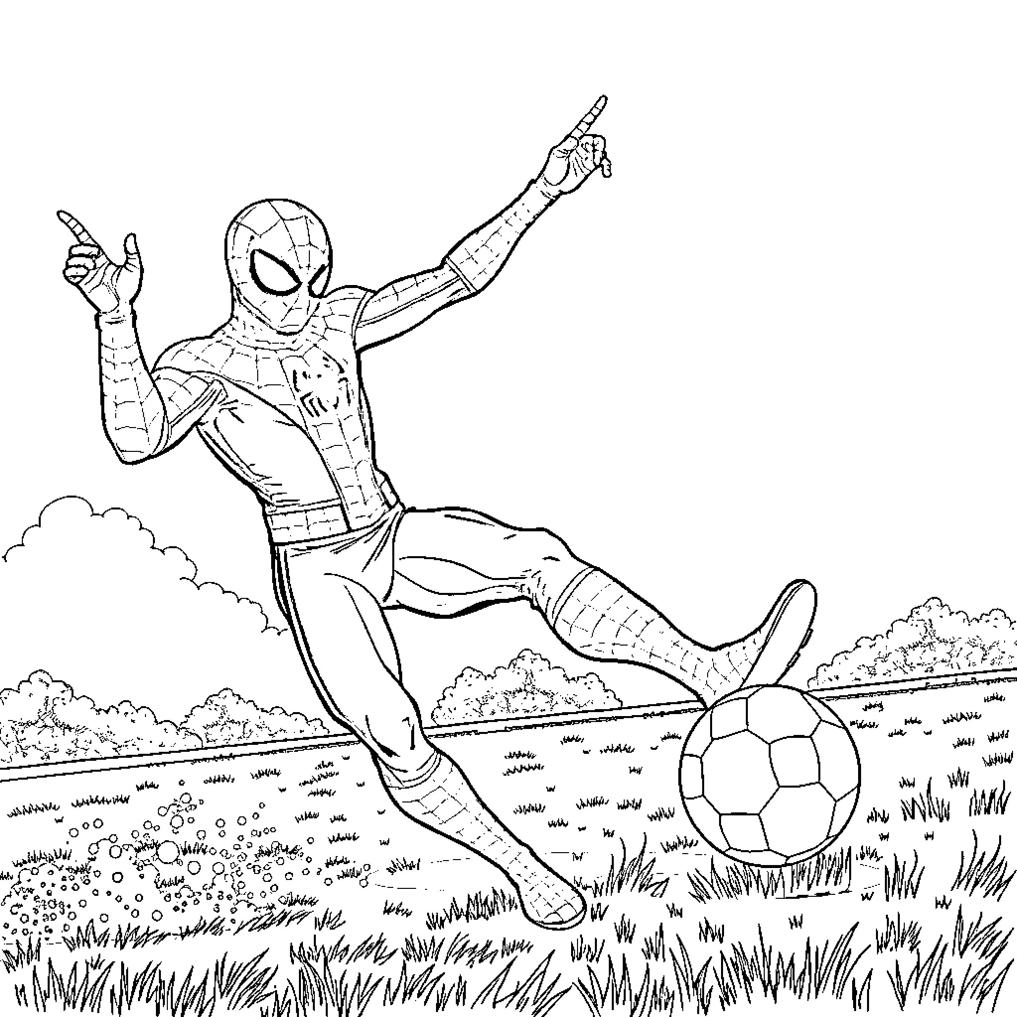 Spider-Man leaping and posing dynamically on a grassy field Coloring Page (free black-and-white line drawing printable PDF for all, from beginners to advanced learners, including children, teens, adults, and seniors)