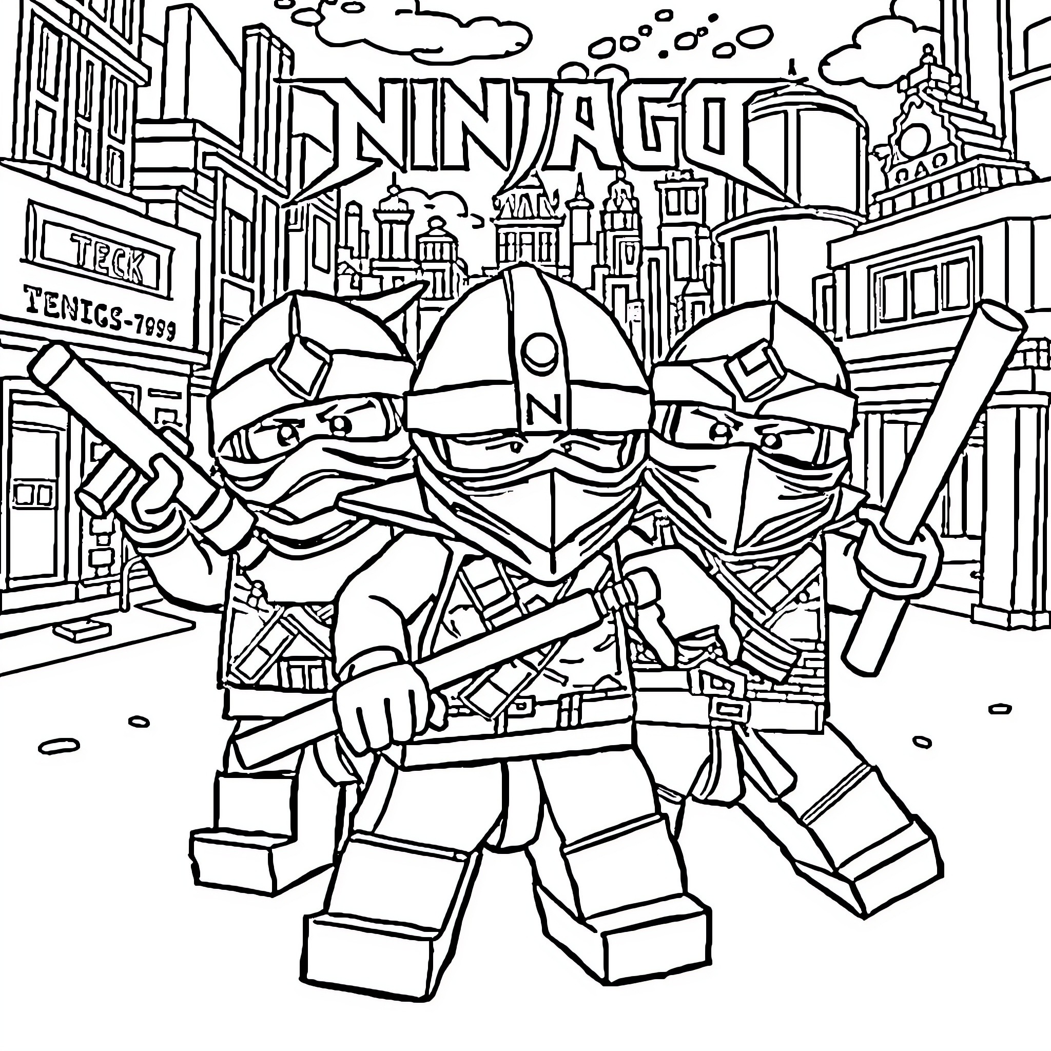 Lego Ninjago heroes in the city Coloring Page (free black-and-white line drawing printable PDF for all, from beginners to advanced learners, including children, teens, adults, and seniors)