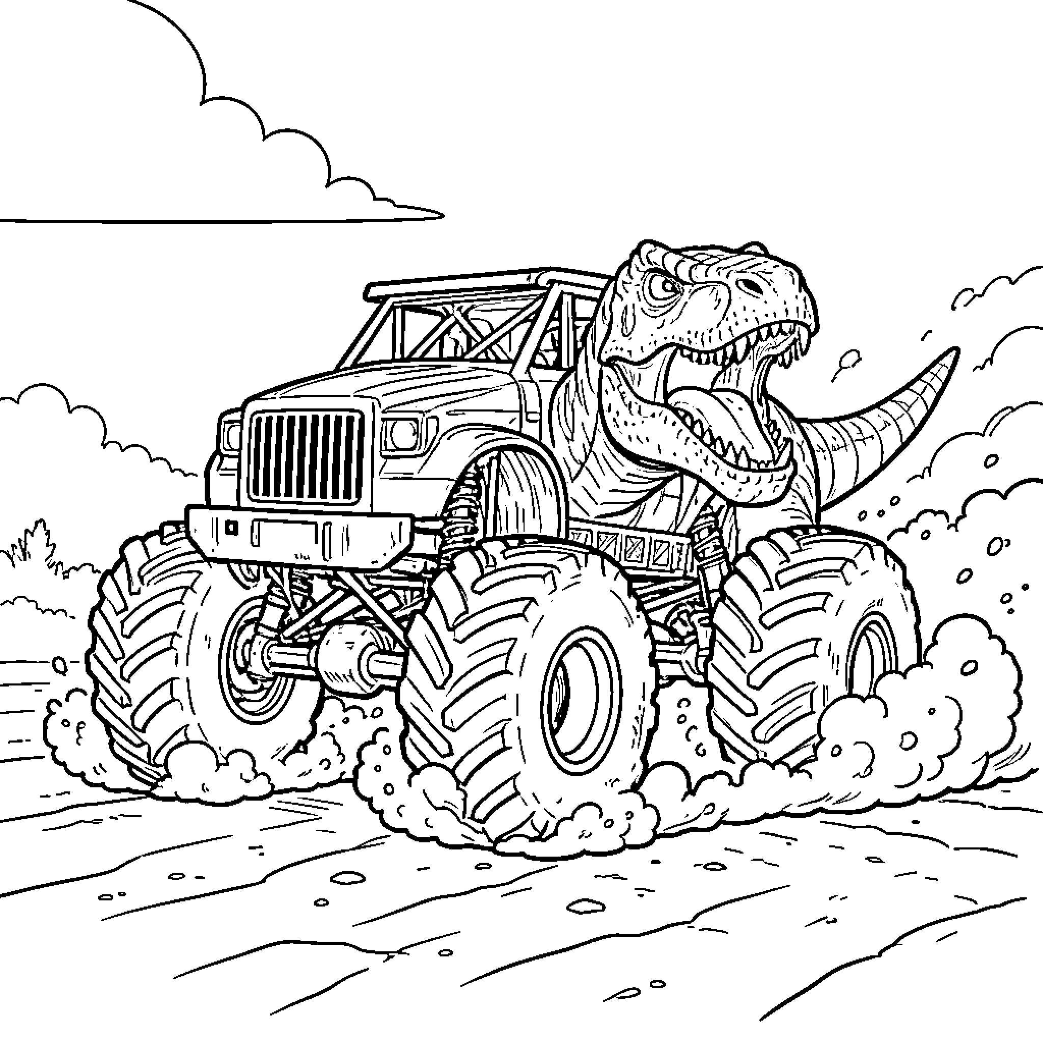 Monster Truck Driven by Ferocious Dinosaur Coloring Page (free black-and-white line drawing printable PDF for all, from beginners to advanced learners, including children, teens, adults, and seniors)