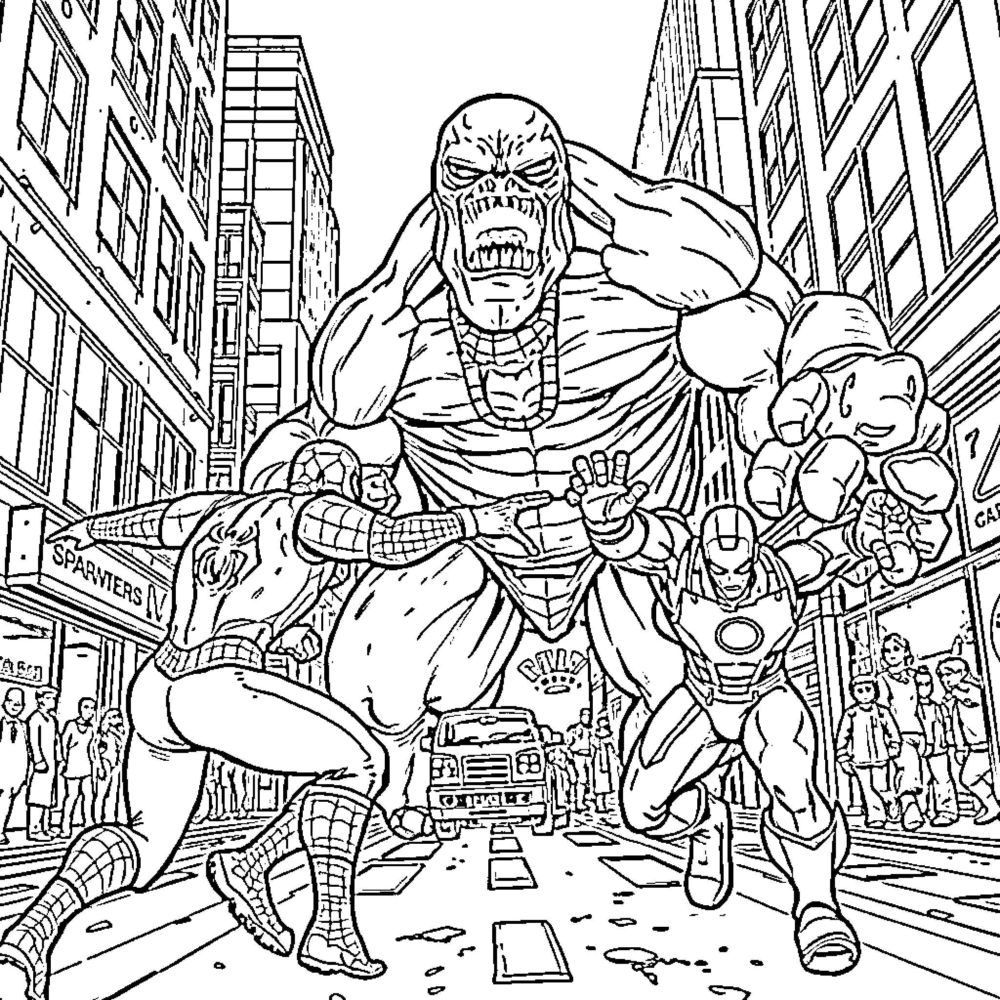Superhero characters battling a giant monster in a city Coloring Page (free black-and-white line drawing printable PDF for all, from beginners to advanced learners, including children, teens, adults, and seniors)